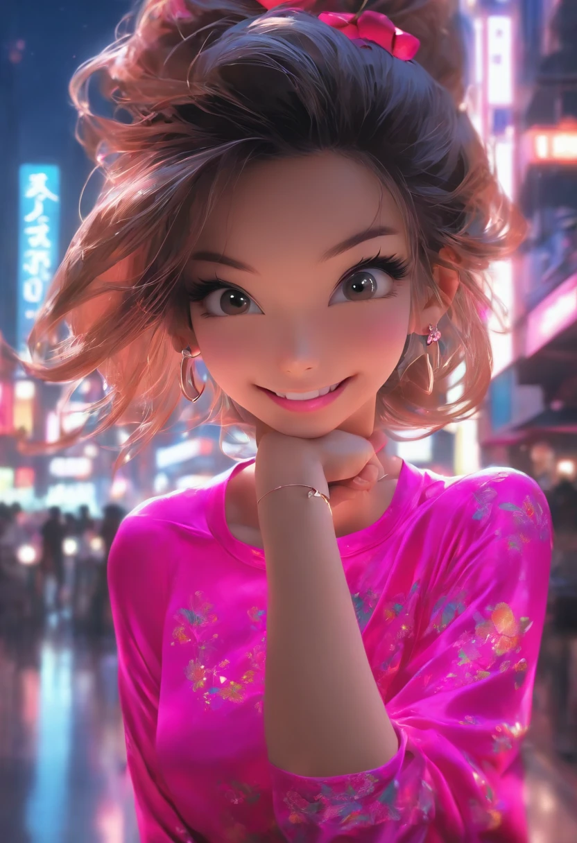 K, masutepiece, RAW photo, Best quality, Photorealistic, Highly detailed CG unity 8k wallpaper, depth of fields, Cinematic light, Lens flare, Ray tracing, (Extremely beautiful face, Beautiful lips, Beautiful eyes), intricate detail face,Cherry blossom city view　nighttime scene　Wash a car called Corvette ((ultra detailed skin)) 1girl in, In the dark, deepshadow, Pretty Korean girl, Kpop idol, 1 girl, (Very slim and slender for muscular bodies:1.3), ((view the viewer)),(Big smile:1.3), (Skinny lace blouse), (Pink shirt), (Sleeveless) , (Fashion night, A dark night, (neon lights sign), (Blurred background), Fashion Street Night),(no people in background:1.3), Beautiful earrings, bangle, necklace, Pantyhose, Clear eyes, (Pale skin), (Big eyes), Face forward, ((upperbody shot)), ((Silk hot pink pants:1.3)),(brown hairs),((Skinny silk pants)), (view the viewer:1.3) open breast, Very slim, Medium breasts, Backtracking, Back shot, see through, Clear pants, pony tails, updo hair