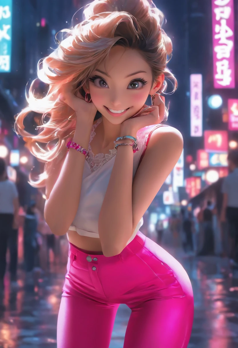 K, masutepiece, RAW photo, Best quality, Photorealistic, Highly detailed CG unity 8k wallpaper, depth of fields, Cinematic light, Lens flare, Ray tracing, (Extremely beautiful face, Beautiful lips, Beautiful eyes), intricate detail face,Cherry blossom city view nighttime scene Wash a car called Corvette ((ultra detailed skin)) 1girl in, In the dark, deepshadow, Pretty Korean girl, Kpop idol, 1 girl, (Very slim and slender for muscular bodies:1.3), ((view the viewer)),(Big smile:1.3), (Skinny lace blouse), (Pink shirt), (Sleeveless) , (Fashion night, A dark night, (neon lights sign), (Blurred background), Fashion Street Night),(no people in background:1.3), Beautiful earrings, bangle, necklace, Pantyhose, Clear eyes, (Pale skin), (Big eyes), Face forward, ((upperbody shot)), ((Silk hot pink pants:1.3)),(brown hairs),((Skinny silk pants)), (view the viewer:1.3) open breast, Very slim, Medium breasts, Backtracking, Back shot, see through, Clear pants, pony tails, updo hair