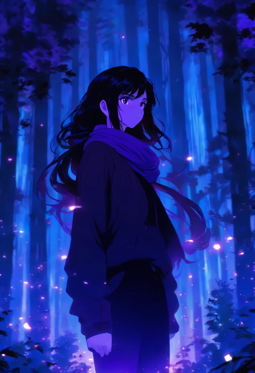 15 years old, black haired girl on a forest, long hair, purple eyes, purple scarf, black sweater, black pants, pale skin, minimalist, simple, pacific