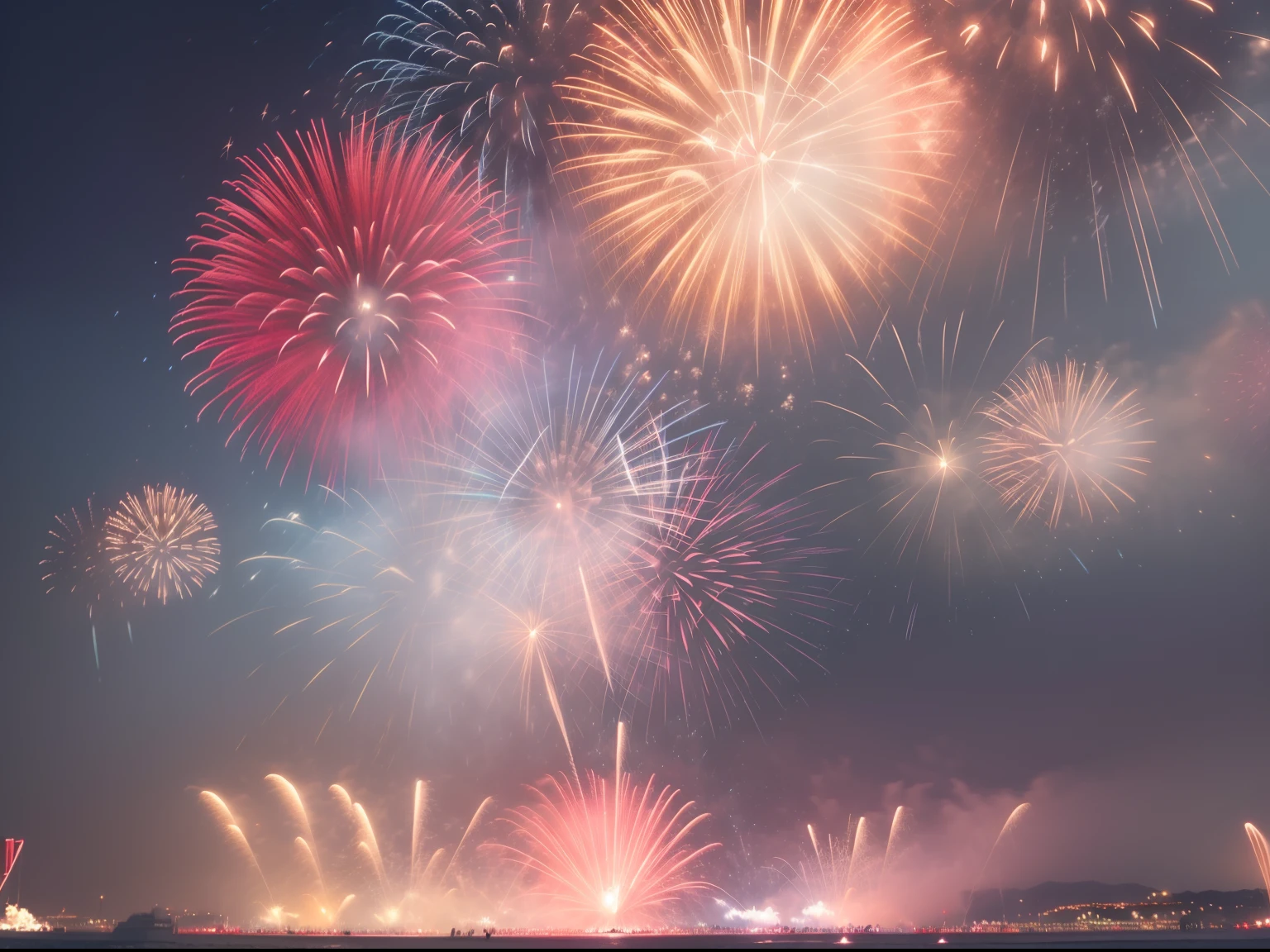 (masterpiece, illustration, official art:1.3), majestic display of power, magic, and might, (breathtaking fireworks:1.2), resplendent red, blue, and white color scheme, viewer in awe, enchanting spectacle,  Family on a boat watching independence day fireworks, highly detailed highres best quality, joyous mood, ambient lighting, cinematic, water reflections, water caustics, RTX