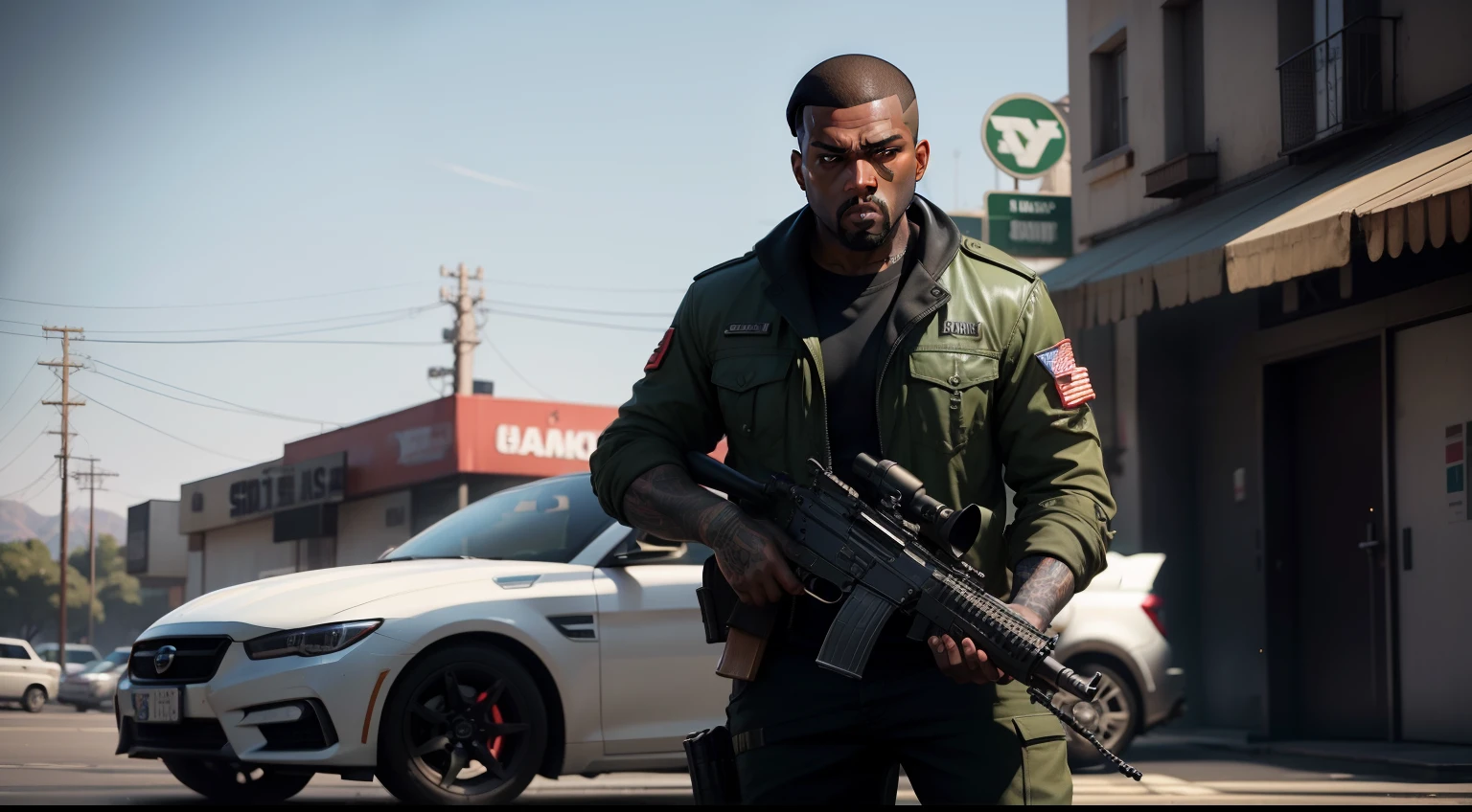 One man,in army uniform, army,gta personagem, Como o protagonista de GTA 5, corte de cabelo red,cabelo red,Kanye West em GTA v, Estilo GTA5, gta v personagem, empunhando fuzil de assalto,rifle in hand ,fuzil AK-47 ,gta 5 tom de pele negro.