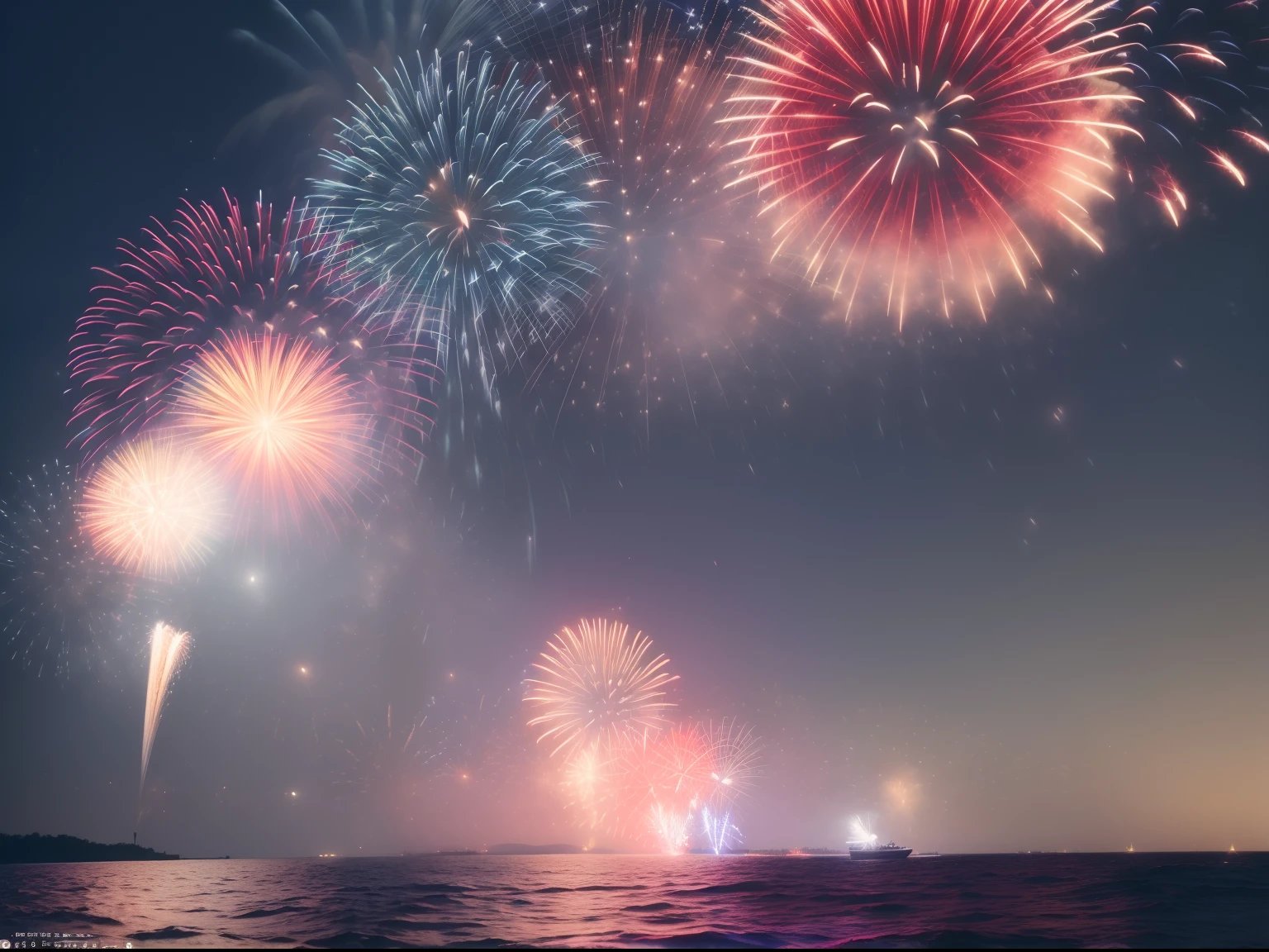 (masterpiece, illustration, official art:1.3), majestic display of power, magic, and might, (breathtaking fireworks:1.2), resplendent red, blue, and white color scheme, viewer in awe, enchanting spectacle,  Family on a boat watching independence day fireworks, highly detailed highres best quality, joyous mood, ambient lighting, cinematic, water reflections, water caustics, RTX