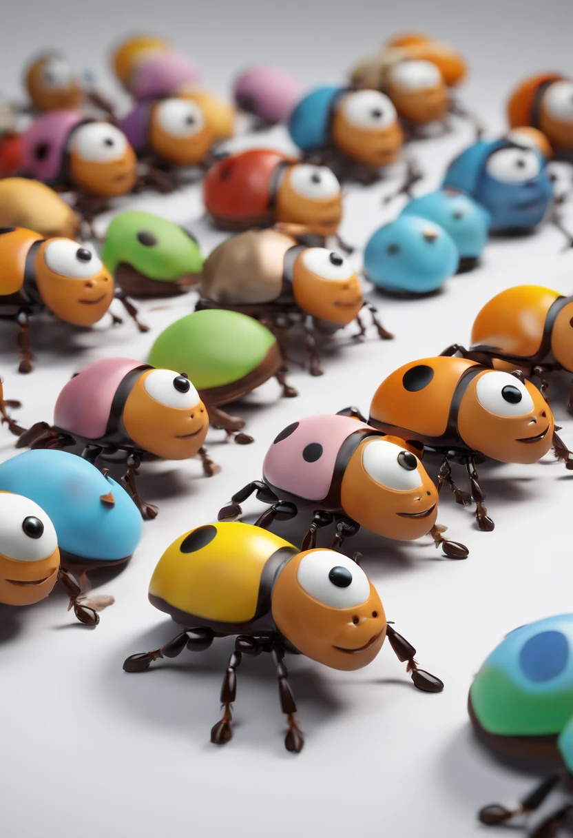 Several confectionery ants stand side by side white background, arte chave do jogo, Representado como um personagem da Pixar, arte oficial splash, High-tech factory, Realistic cinematic photo, hiper HD, Meio realista, Cor brilhante, altamente detalhado, Desenhos Ultra HD, perfect compositio, Beautiful details Intricate details crazy Octane rendering trends in ArtStation, de 8K., Arte conceitual realista, macio, natural volumetric, Cinematic light