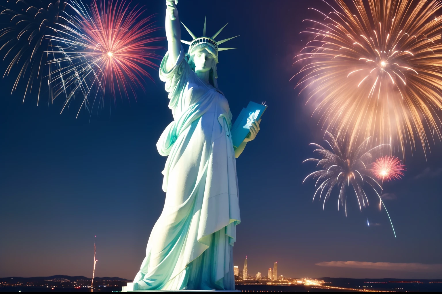 Lady Liberty, adorned in a flowing gown, emanates an aura of strength and dignity. Her outstretched arm holds a torch, while fireworks burst overhead, painting the sky in vivid shades of red, white, and blue. The scene is filled with energy and joy, capturing the spirit of the 4th of July celebration. The artwork is rendered with meticulous attention to detail, presenting a high-resolution masterpiece that immerses the viewer in a magical and patriotic ambiance.