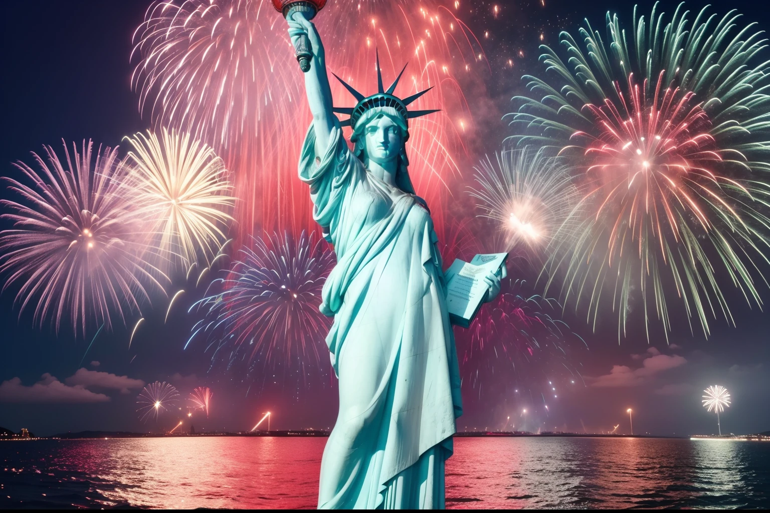 Lady Liberty, adorned in a flowing gown, emanates an aura of strength and dignity. Her outstretched arm holds a torch, while fireworks burst overhead, painting the sky in vivid shades of red, white, and blue. The scene is filled with energy and joy, capturing the spirit of the 4th of July celebration. The artwork is rendered with meticulous attention to detail, presenting a high-resolution masterpiece that immerses the viewer in a magical and patriotic ambiance.