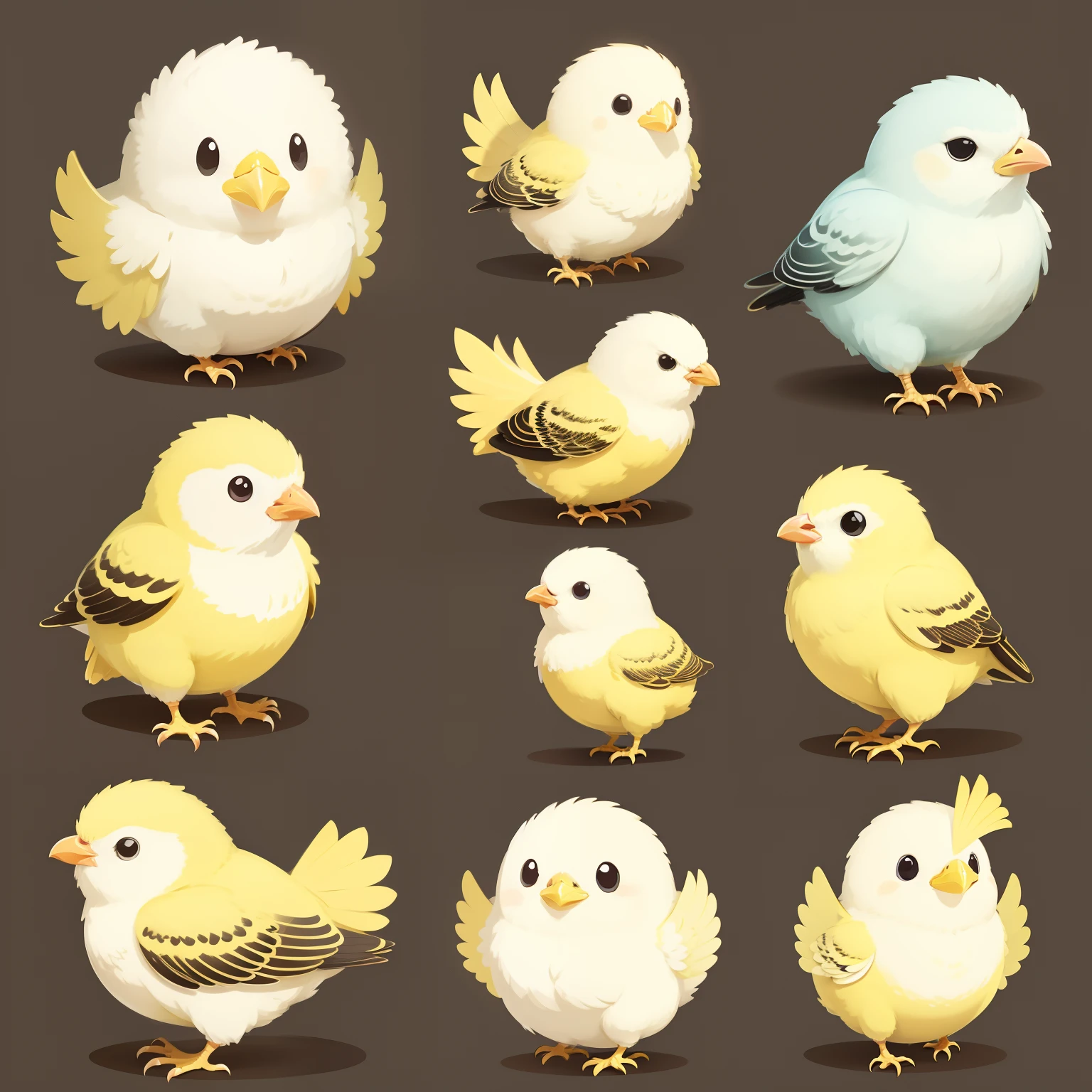 Chick、birdie、Yellow all over、round head、Round body、Round character design、illustratio、friendly、adorable eyes