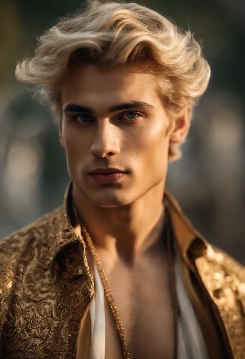 Homem branco jovem, com cabelos muito curtos e loiro muito claro dourado de etnia europeia. he must be standing, de costas, sem blusa.