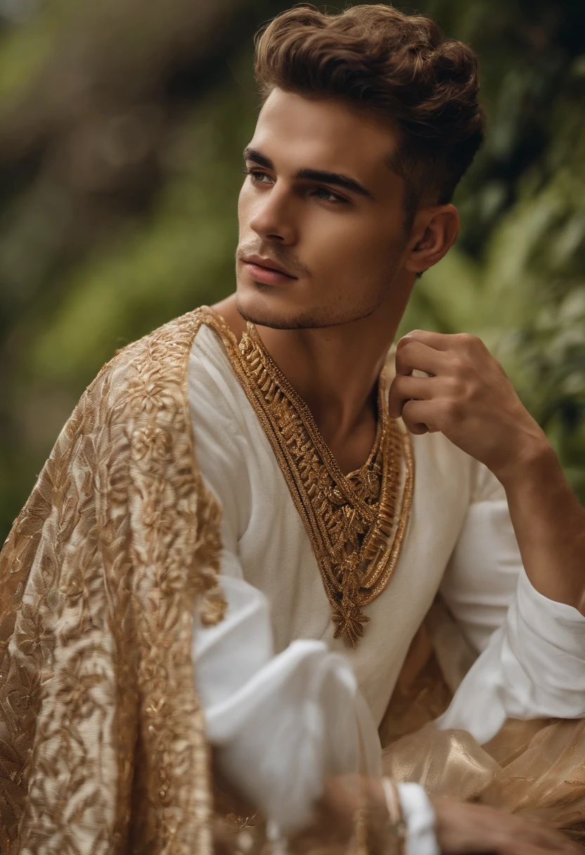 Homem branco jovem, com cabelos muito curtos e loiro muito claro dourado de etnia europeia. he must be standing, de costas, sem blusa.