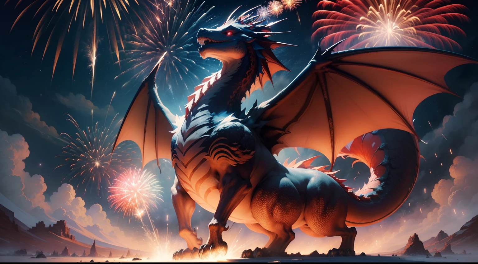(masterpiece, illustration, official art:1.3), majestic display of power, magic, and might, (breathtaking fireworks:1.2), resplendent red, blue, and white color scheme, viewer in awe, enchanting spectacle, mythical creatures entwined, dragons breathing fire, phoenix soaring high, bursting stars, swirling patterns, intricate details, painterly strokes, epic clash of colors, ethereal glow, grandeur, magical energy, suspended time, radiant trails, theatrical performance, orchestration of wonder, Let Freedom Ring.