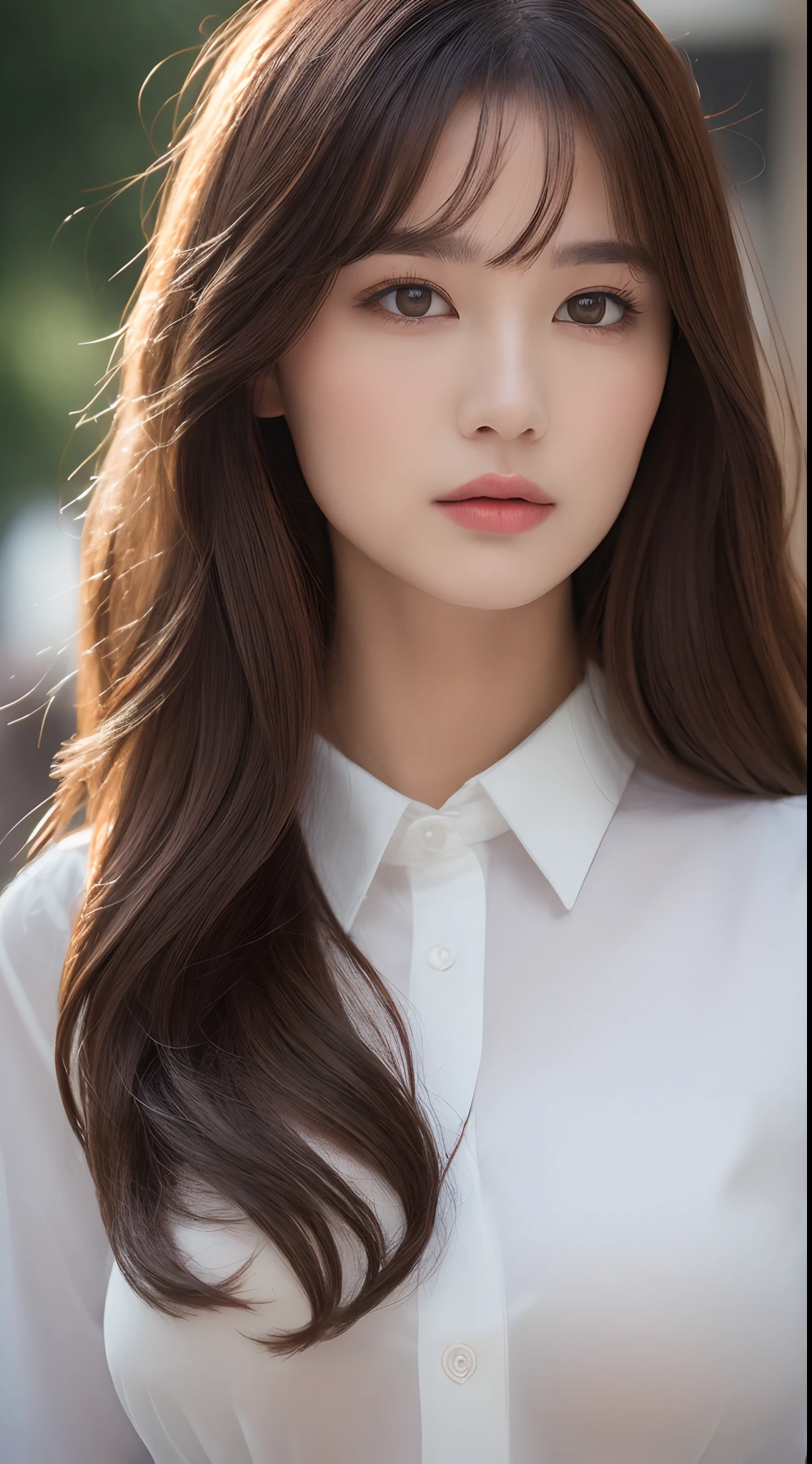 ((Best quality, 8k, Masterpiece :1.3)), Sharp focus :1.2, A pretty woman with perfect figure :1.4, Slender abs :1.2, ((Dark brown hair, Big breasts :1.2)), (White button up long shirt :1.1), City street:1.2, Highly detailed face and skin texture, Detailed eyes, Double eyelid