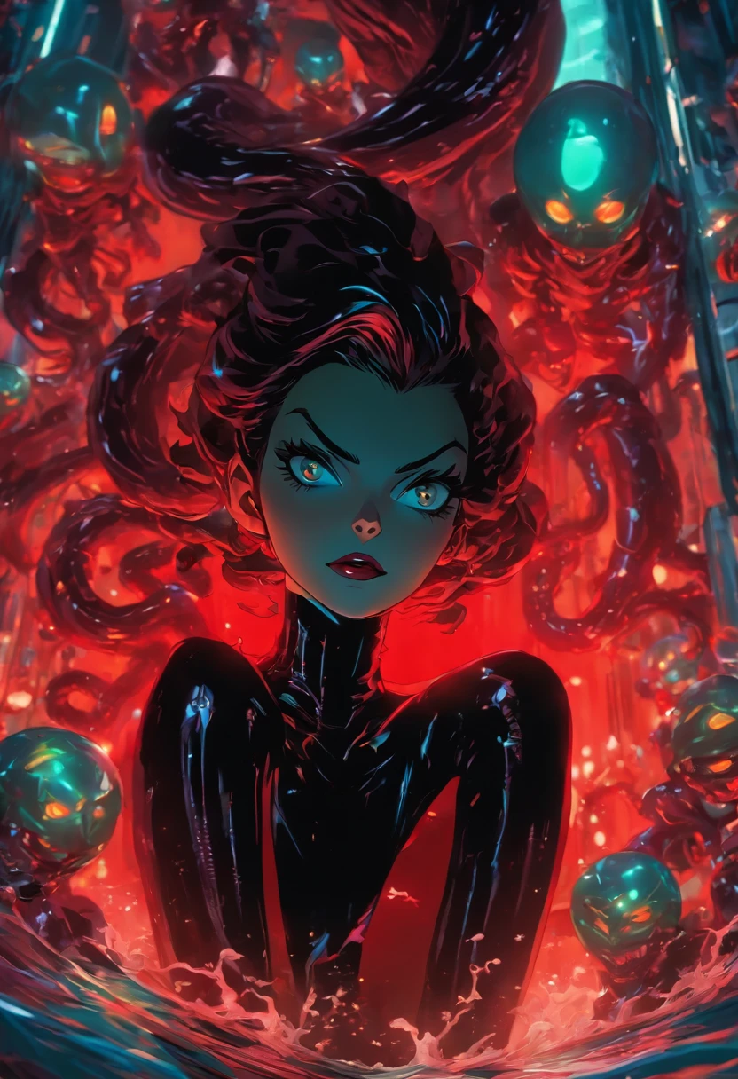 Devilish and evil aesthetics, Haute couture campaigns, Android bioform Catwoman, Low angle, Long shots surrounded by terrifying cyborgs with a huge insidious evil octopus, Large eggs and mirror, Avant-garde futuristic inspiration, Dark drama horror atmosphere, lovecraftian horror, Tubes and cables on the back, She stood in a pool of red slime, Incredibly detailed, sharpen details, Cinematography, Photorealistic, modern composition, illusory engine, Cinematic, Color grading, Portrait photography, ultra-wide-angle, Depth of field, Hyper - detailed, extremely colorful, insanely details, intricately details, extremely colorful, Cinematic, colorgrading, editorial photography, Photography, photographed, Depth of field, degrees of freedom, Tilt Blur, White balance, Super resolution, megapixel, ProPhoto RGB, Fri, Half Moon Lighting, back lit lighting, Natural lighting, Incandescent Lamps, fiber-optics, Mood lighting