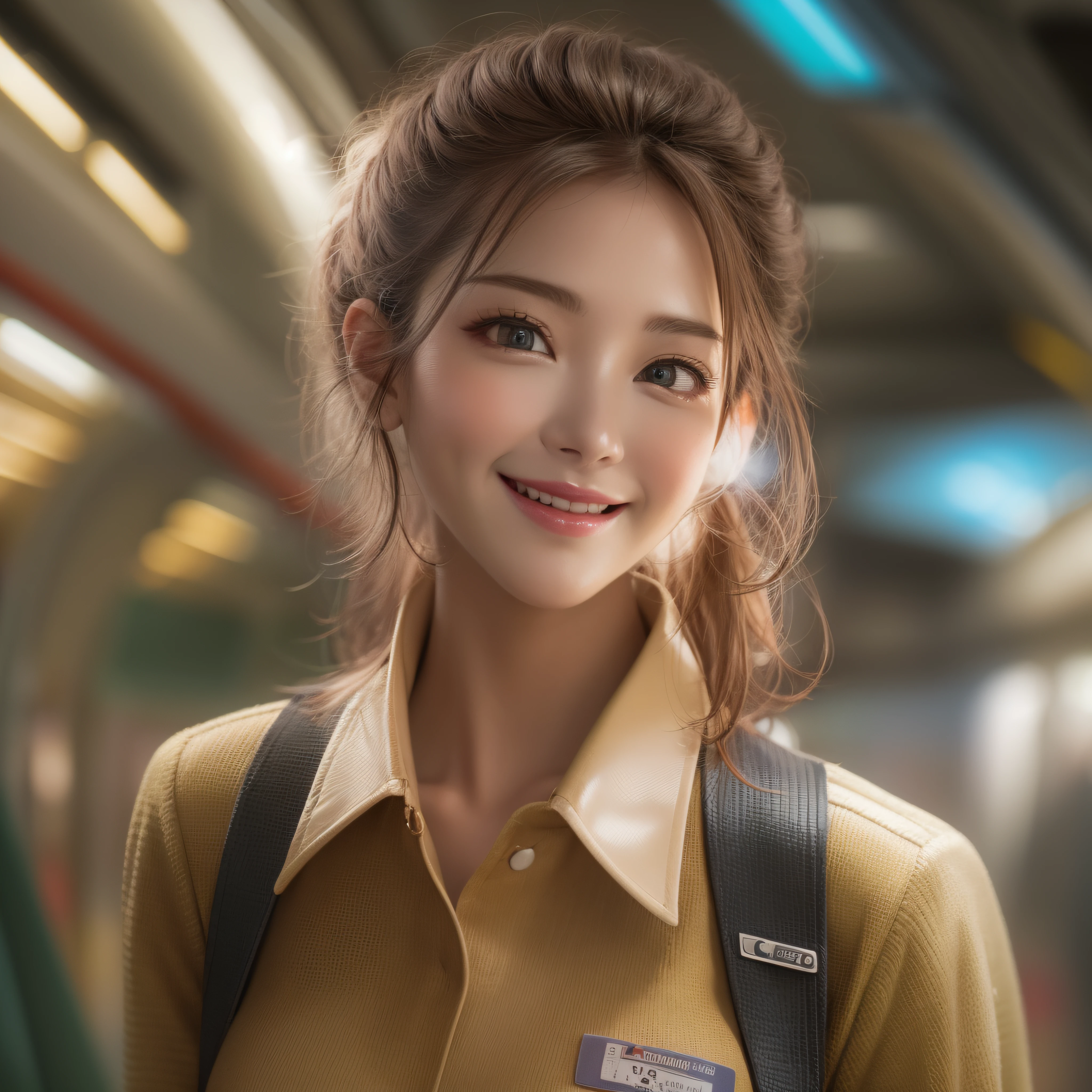 Close up of a smile with the corners of the mouth raised、Facing the front、Stewardess、makeup、(realisitic、hight resolution)、(1 girl in)、Stewardess、Do-Up Eye、Korean Girl、(Best Quality), (masutepiece), (1girl in), Solo, a beauty girl, Perfect face、Highly detailed airbrush art、Volumetric lighting、(top-quality)、The ultra-detailliert、Highly detailed colorful details、(Bright lighting)、ultra-detailliert、mixing exposure、nffsw、Her eyes are glowing pink、Her face is full of anticipation and courage、A smile appears on pink lips。 Cockpit clearly visible at the rear。Her eyes are clearly glowing pink。cockpit、cockpit