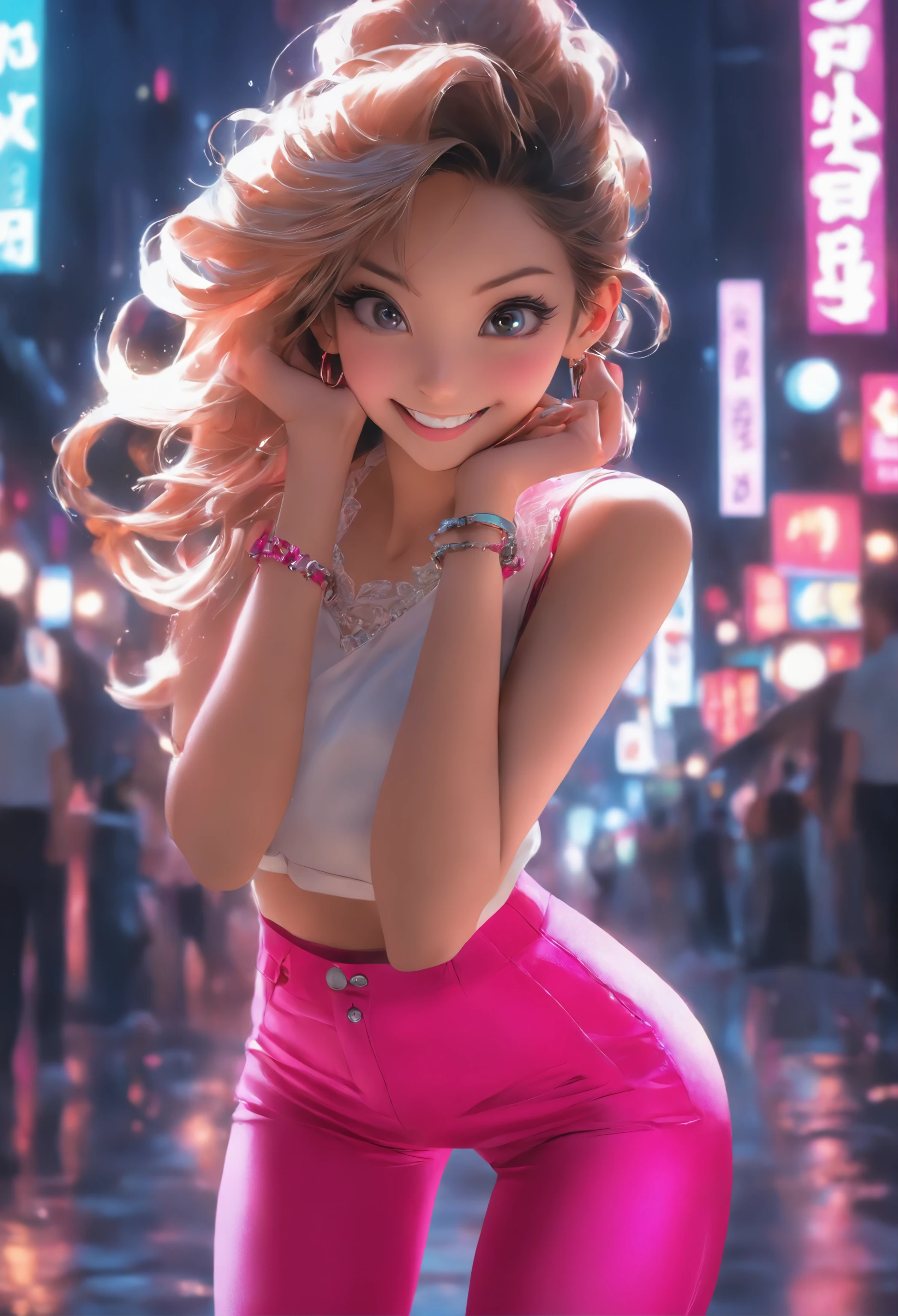 K, masutepiece, RAW photo, Best quality, Photorealistic, Highly detailed CG unity 8k wallpaper, depth of fields, Cinematic light, Lens flare, Ray tracing, (Extremely beautiful face, Beautiful lips, Beautiful eyes), intricate detail face,Cherry blossom city view nighttime scene Wash a car called Corvette ((ultra detailed skin)) 1girl in, In the dark, deepshadow, Pretty Korean girl, Kpop idol, 1 girl, (Very slim and slender for muscular bodies:1.3), ((view the viewer)),(Big smile:1.3), (Skinny lace blouse), (Pink shirt), (Sleeveless) , (Fashion night, A dark night, (neon lights sign), (Blurred background), Fashion Street Night),(no people in background:1.3), Beautiful earrings, bangle, necklace, Pantyhose, Clear eyes, (Pale skin), (Big eyes), Face forward, ((upperbody shot)), ((Silk hot pink pants:1.3)),(brown hairs),((Skinny silk pants)), (view the viewer:1.3) open breast, Very slim, Medium breasts, Backtracking, Back shot, see through, Clear pants, pony tails, updo hair