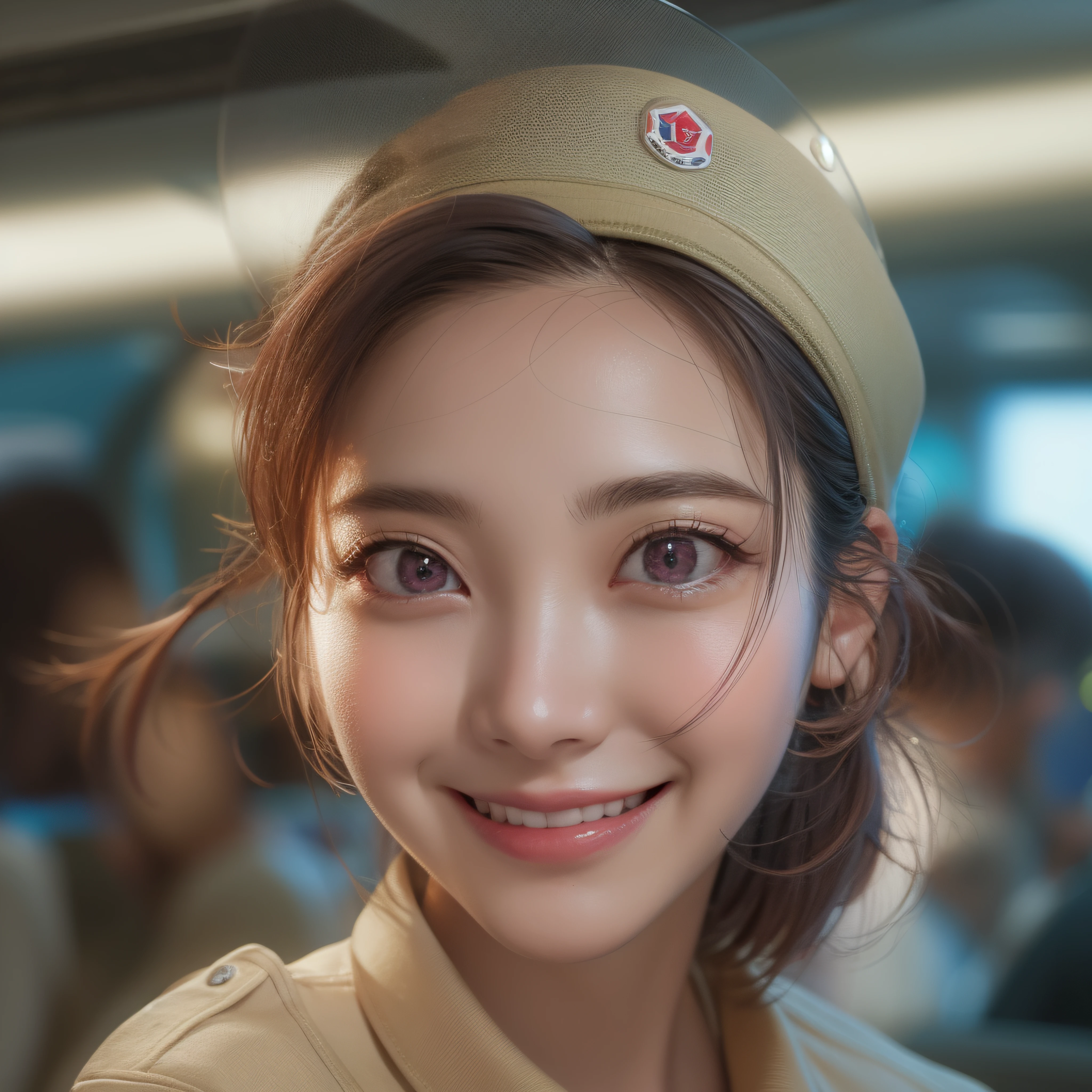 Close up of a smile with the corners of the mouth raised、Facing the front、Stewardess、makeup、(realisitic、hight resolution)、(1 girl in)、Stewardess、Do-Up Eye、Korean Girl、(Best Quality), (masutepiece), (1girl in), Solo, a beauty girl, Perfect face、Highly detailed airbrush art、Volumetric lighting、(top-quality)、The ultra-detailliert、Highly detailed colorful details、(Bright lighting)、ultra-detailliert、mixing exposure、nffsw、Her eyes are glowing pink、Her face is full of anticipation and courage、A smile appears on pink lips。 Cockpit clearly visible at the rear。Her eyes are clearly glowing pink。cockpit、cockpit