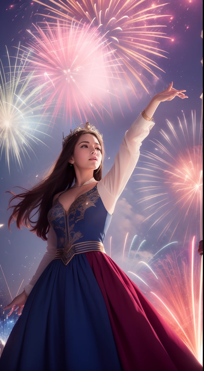 (masterpiece, illustration, official art:1.3), majestic display of power, magic, and might, (breathtaking fireworks:1.2), resplendent red, blue, and white color scheme, viewer in awe, enchanting spectacle, a lovely girl, bursting stars, swirling patterns, intricate details, painterly strokes, epic clash of colors, ethereal glow, grandeur, magical energy, suspended time, radiant trails, theatrical performance, orchestration of wonder, Let Freedom Ring.