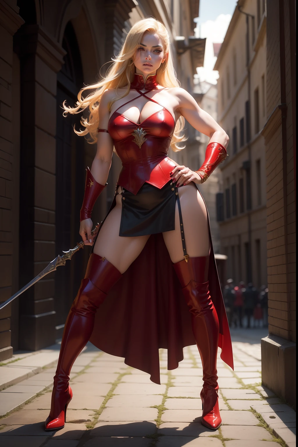 Cena inspirada Red Nails, Valerie of the Red Brotherhood was a blonde warrior, de olhos azuis e corpo de deusa. Usando uma roupa larga,botas de Bucaneiro,segurando habilmente uma espada,an, ilustrado John Buscema (Arte de fantasia)