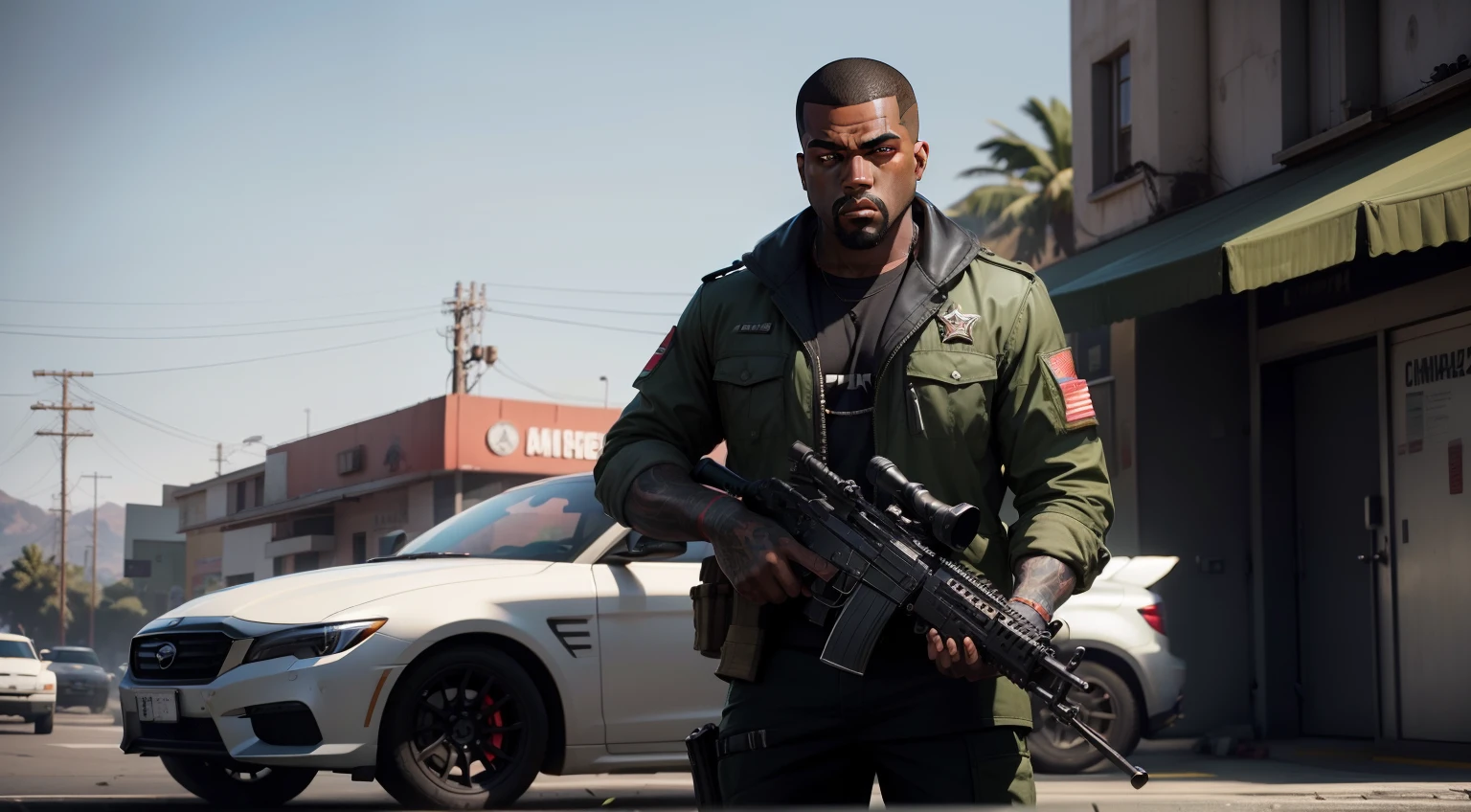 One man,in army uniform, army,gta personagem, Como o protagonista de GTA 5, corte de cabelo red,cabelo red,Kanye West em GTA v, Estilo GTA5, gta v personagem, empunhando fuzil de assalto,rifle in hand ,fuzil AK-47 ,gta 5 tom de pele negro.