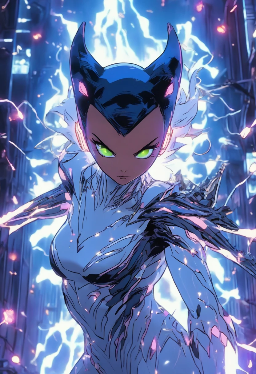 medium shot, alien cursed theme, mockup, beautiful semi-alien grey Catwoman, non human, wearing huge biometal alien wings, cinematic, ruins background, (lots of white electric sparks:1.4), Sony Alpha 7S III (A75 III), Simple, hyperdetailed cinematic