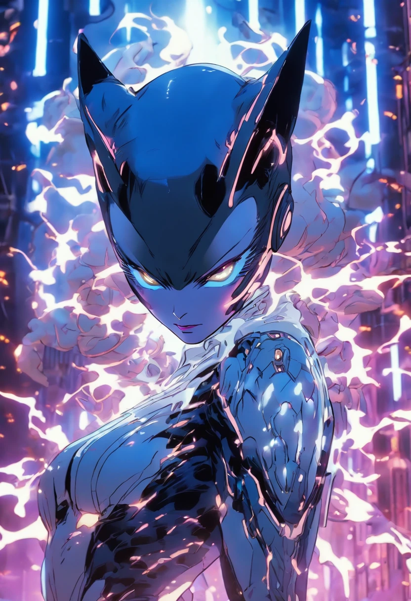 medium shot, alien cursed theme, mockup, beautiful semi-alien grey Catwoman, non human, wearing huge biometal alien wings, cinematic, ruins background, (lots of white electric sparks:1.4), Sony Alpha 7S III (A75 III), Simple, hyperdetailed cinematic