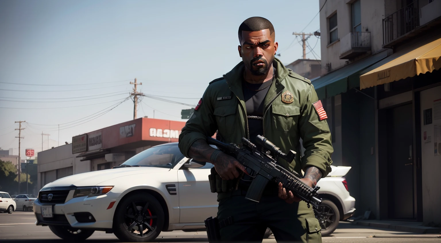 One man,in army uniform, army,gta personagem, Como o protagonista de GTA 5, corte de cabelo red,cabelo red,Kanye West em GTA v, Estilo GTA5, gta v personagem, empunhando fuzil de assalto,rifle in hand ,fuzil AK-47 ,gta 5 tom de pele negro.
