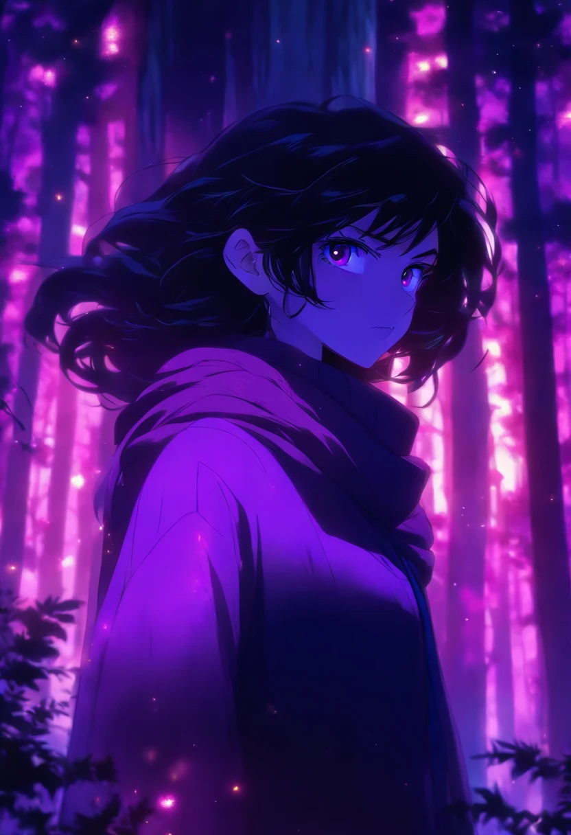 , black haired girl on a forest, long hair, purple eyes, purple scarf, black sweater, black pants, pale skin, minimalist, simple, pacific, ((soft light))