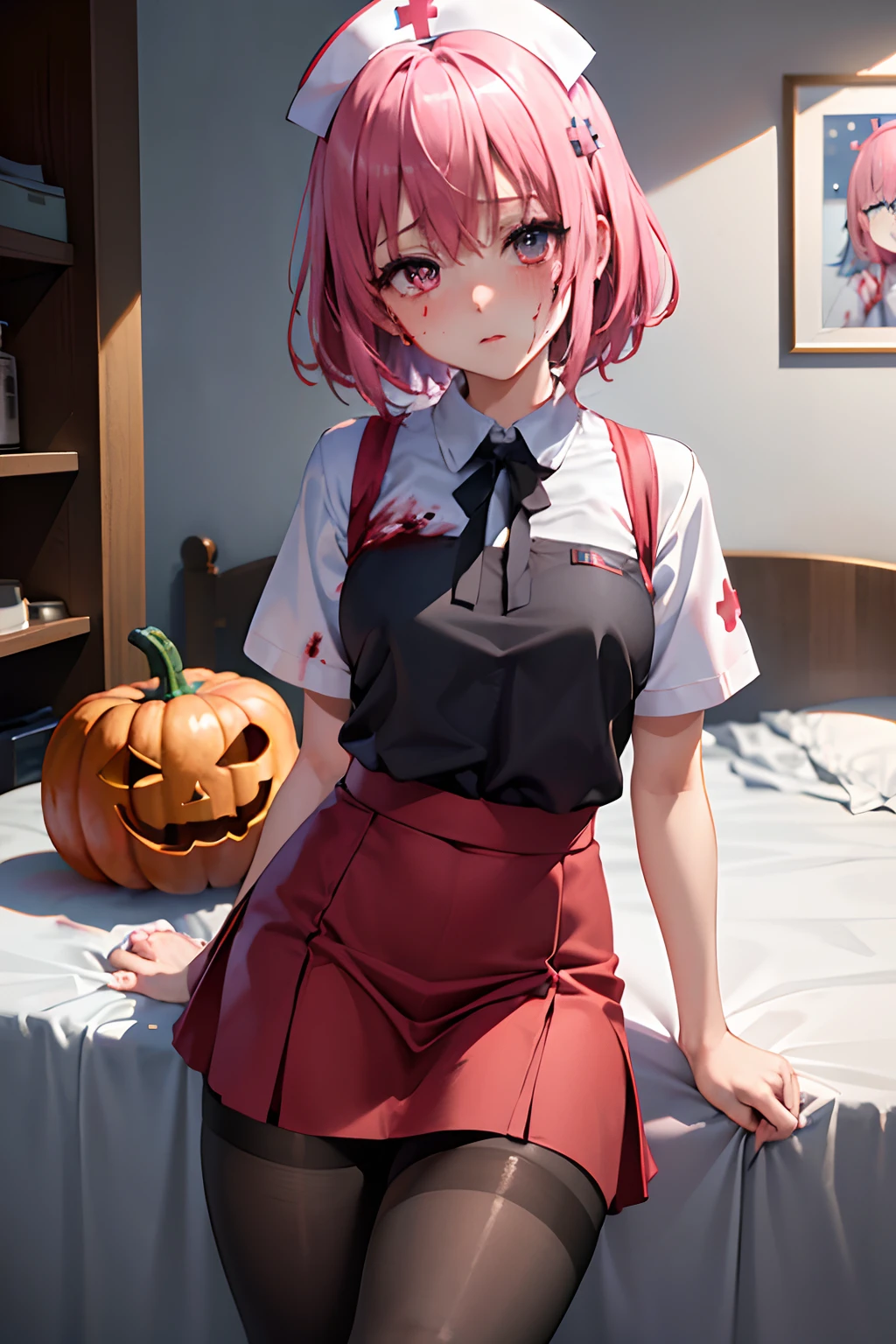 (top-quality:1.1), (​masterpiece:1.4), (absurderes:1.0), portlate, a closeup,
1girl in、Momovelia Deviluk、hair adornments、bob cuts、Shorthair pink hair、a purple eye、Medium chest、((Holes in nurse's clothes))、looking at the viewers、Bedroom、(red blush:1.2)、embarassed expression、(((Black pantyhose)))、black backgrounds、((Nurse uniform with blood on it))、((Opening legs))、Nurse Shoes、Pumpkin Lantern、fullmoon、(a miniskirt)、