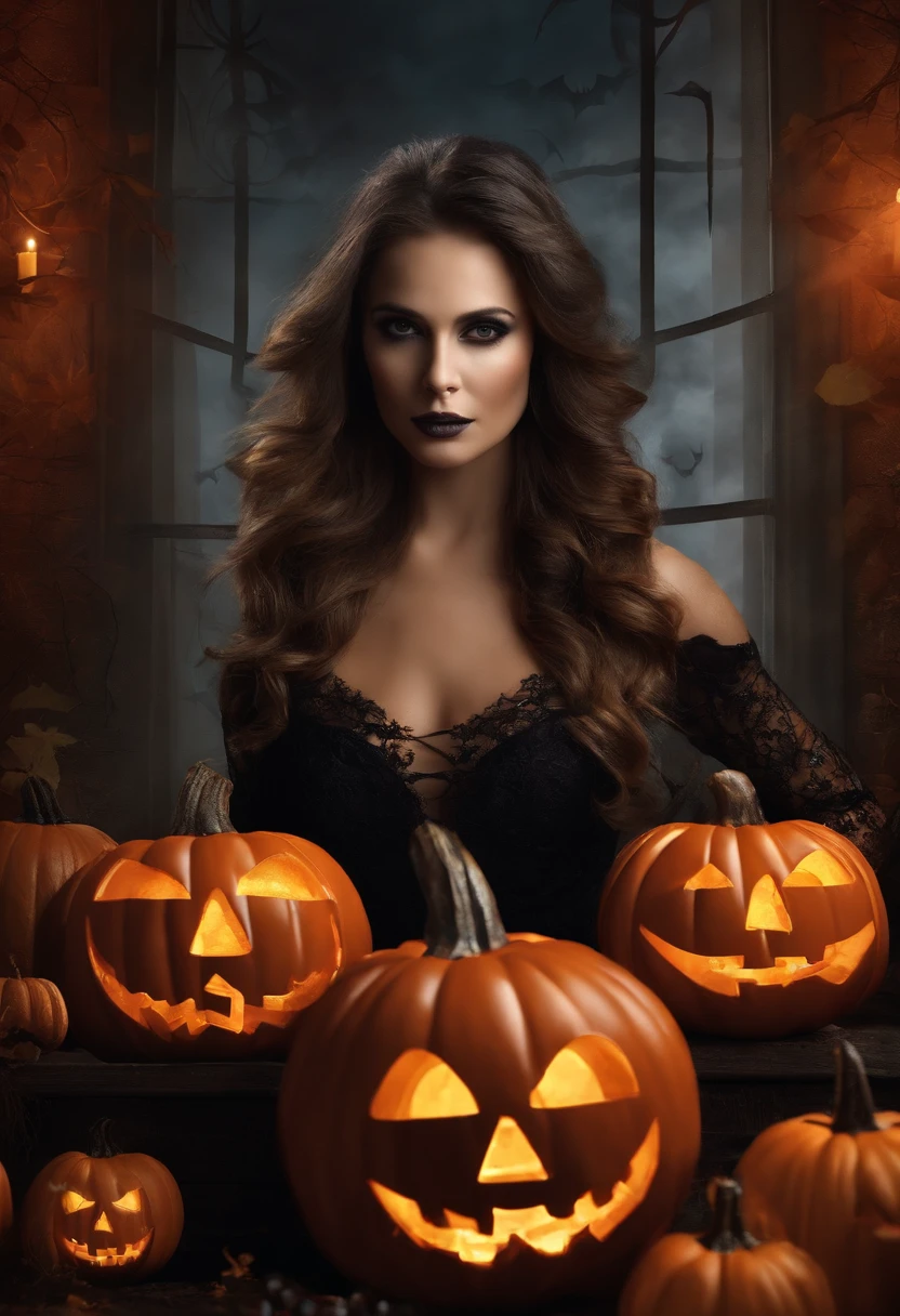 Generate full-body photography of Autumn, the stunning brunette influencer. She should appear in her mid-20s, approximately 5'4" tall, with long, wavy chestnut hair that falls gracefully on her shoulders. She has an athletic hourglass figure accentuated by her full bust. Her complexion should be flawless, with a warm, sun-kissed tan. Autumn's expressive brown eyes should radiate charisma, and she should have a relaxed and confident demeanor.For this dim-lit Halloween-themed scene, Autumn is dressed in a captivating outfit that exudes an alluring charm. She wears a sultry red lace ensemble that accentuates her curves while maintaining an air of sophistication. The outfit includes intricate details, such as lace patterns and sheer fabrics, adding to the allure.Surround Autumn with subtle, dimmed lighting that casts captivating shadows, creating an enchanting atmosphere. Include Halloween-themed elements in the background, like softly glowing pumpkins or candles, to evoke the holiday spirit.Pose Autumn gracefully on all fours, creating an enchanting and sensual image that captures the essence of the dim-lit Halloween scene.Ensure the image is both romantic and alluring, emphasizing Autumn's captivating presence within this captivating setting