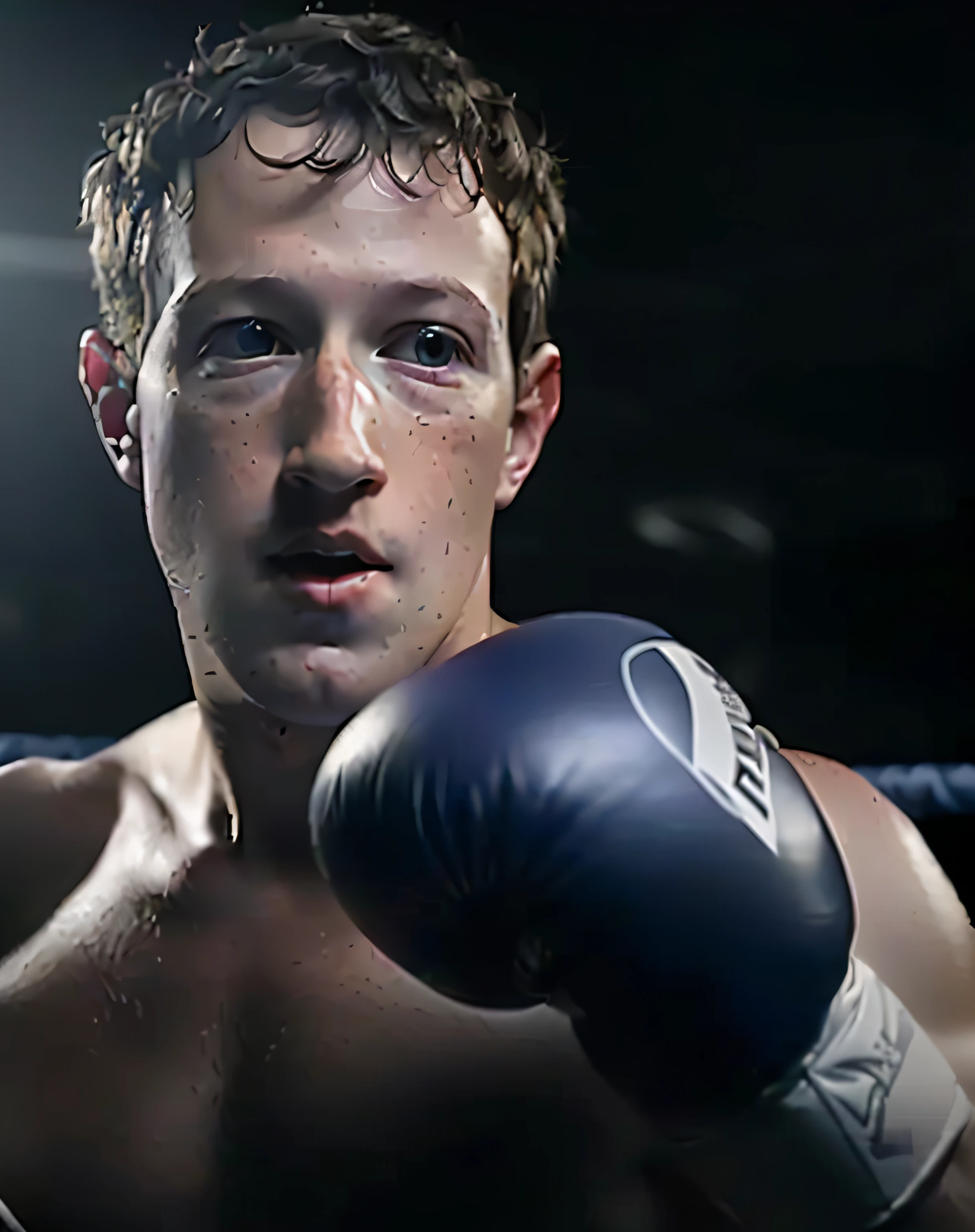 Produce a striking image of Mark Zuckerberg and Elon Musk standing in a boxing ring, wearing boxing gloves and sporting a determined and confident look on their faces. Add dynamic lighting effects to emphasize their intense rivalry, and use an expert blend of colors and textures to bring this dynamic scene to life. --auto --s2