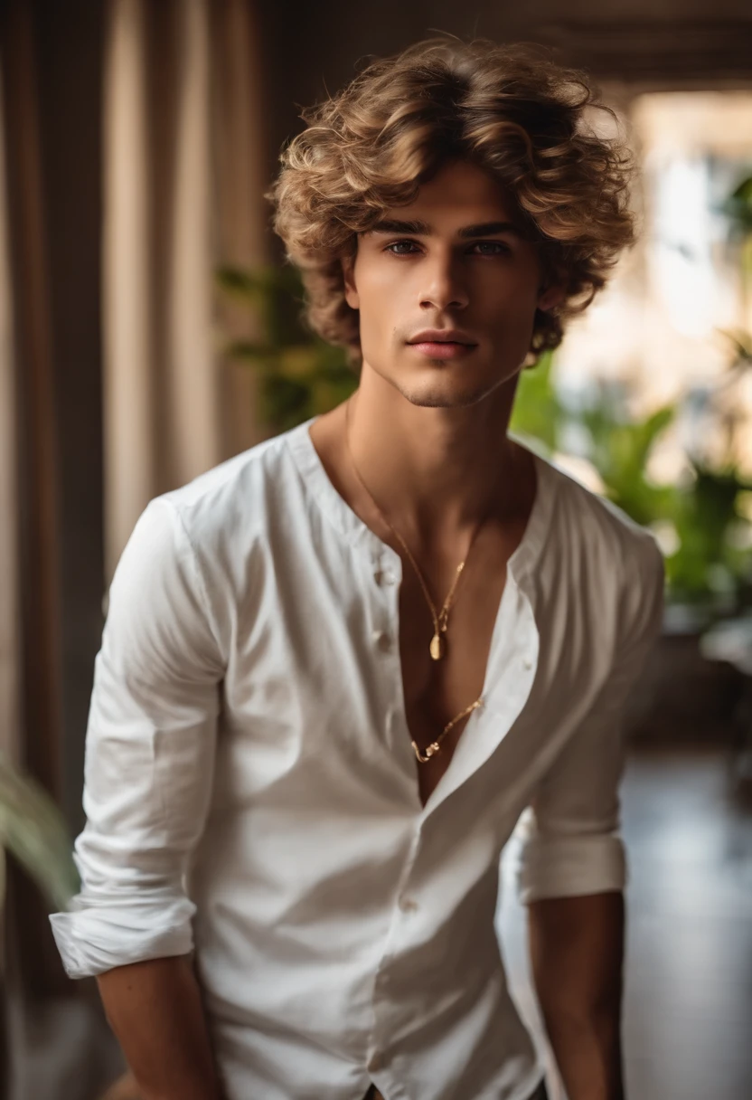 Homem branco jovem forte, com cabelos muito curtos e loiro muito claro dourado de etnia europeia. Ele deve estar em seu apartamento, de costas pra foto e sem camisa.