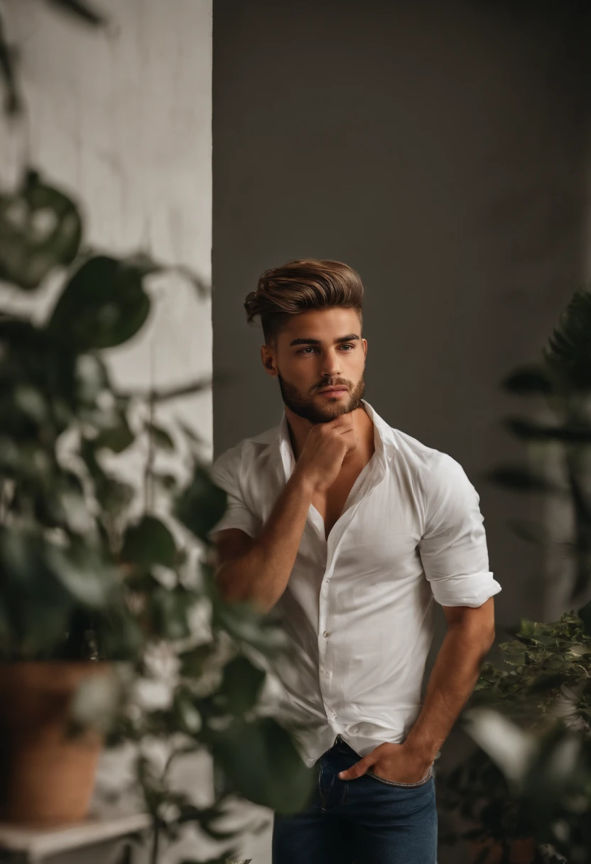 Homem branco jovem forte, com cabelos muito curtos e loiro muito claro dourado de etnia europeia. Ele deve estar em seu apartamento, de costas pra foto e sem camisa.