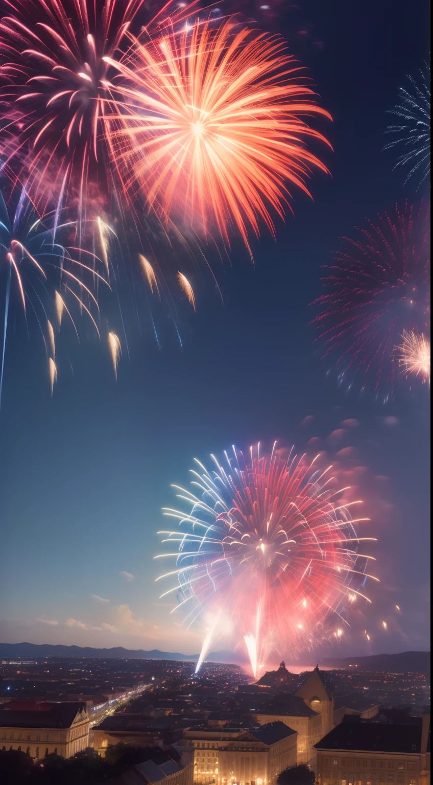 (masterpiece, illustration, official art:1.3), majestic display of power, magic, and might, (breathtaking fireworks:1.2), resplendent red, blue, and white color scheme, viewer in awe, enchanting spectacle, City square, nighttime, people, fire works, 4th of July.  High resolution, shot of the night