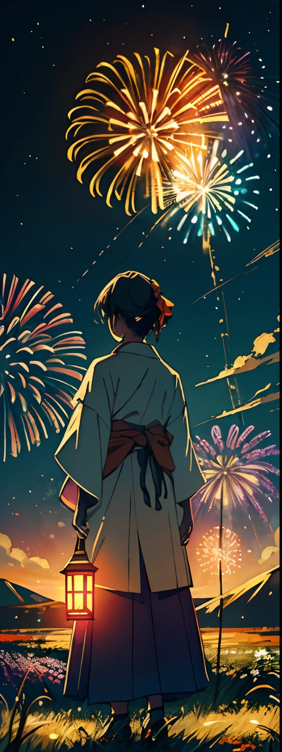 A wide landscape photo, (viewed from below, the sky is above, and the open field is below), a girl with yukata standing on a flower field looking up, ((bright orange fireworks)) , (full moon: 1.2), (meteor: 0.9), (nebula: 1.3), distant mountains , Trees BREAK Crafting Art, (Warm Light: 1.2), (Firefly: 1.2), Lights, Lots of Purple and Orange, Intricate Details, Volumetric Lighting BREAK (Masterpiece: 1.2), (Best Quality), 4k, Ultra Detailed, (Dynamic Composition: 1.4), Rich in Detail and Color, (Rainbow Color: 1.2), (Glow, Atmospheric Lighting), Dreamy, Magical, (Solo: 1.2), festival set
