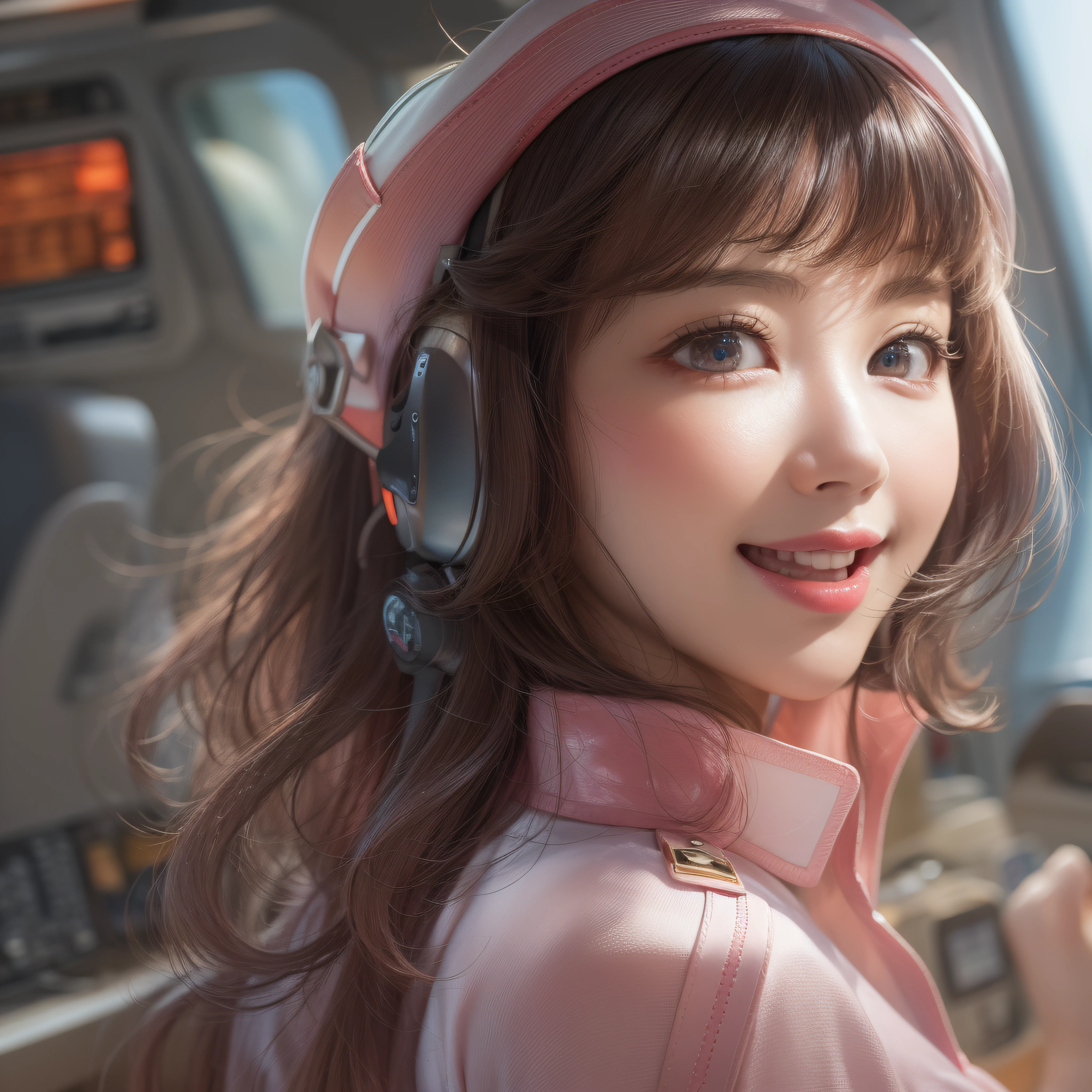 Close up of a smile with the corners of the mouth raised、Stewardess、makeup、(realisitic、hight resolution)、(1 girl in)、Do-Up Eye、Korean Girl、(Best Quality), (masutepiece), (1girl in), Solo, a beauty girl, Perfect face,,dreamlikeart、Highly detailed airbrush art((Surreal))、Volumetric lighting、(top-quality)、The ultra-detailliert、Highly detailed colorful details、(Bright lighting)、ultra-detailliert、mixing  exposure、nffsw、Her eyes are glowing pink、Her face is full of anticipation and courage、A smile appears on pink lips。 Cockpit clearly visible at the rear。Her eyes are clearly glowing pink。cockpit、cockpit