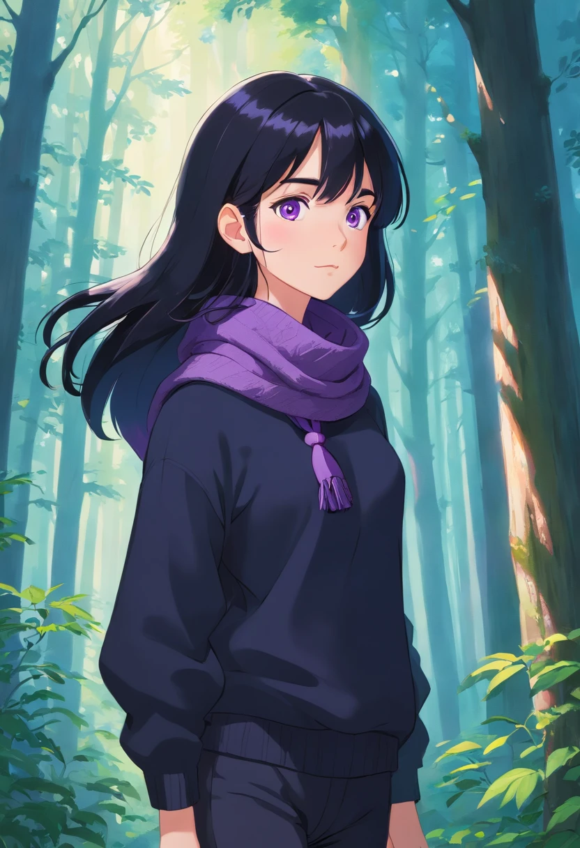 15 years old, black haired girl on a forest, long hair, purple eyes, purple scarf, black sweater, black pants, pale skin, minimalist, simple, pacific, ((soft light))