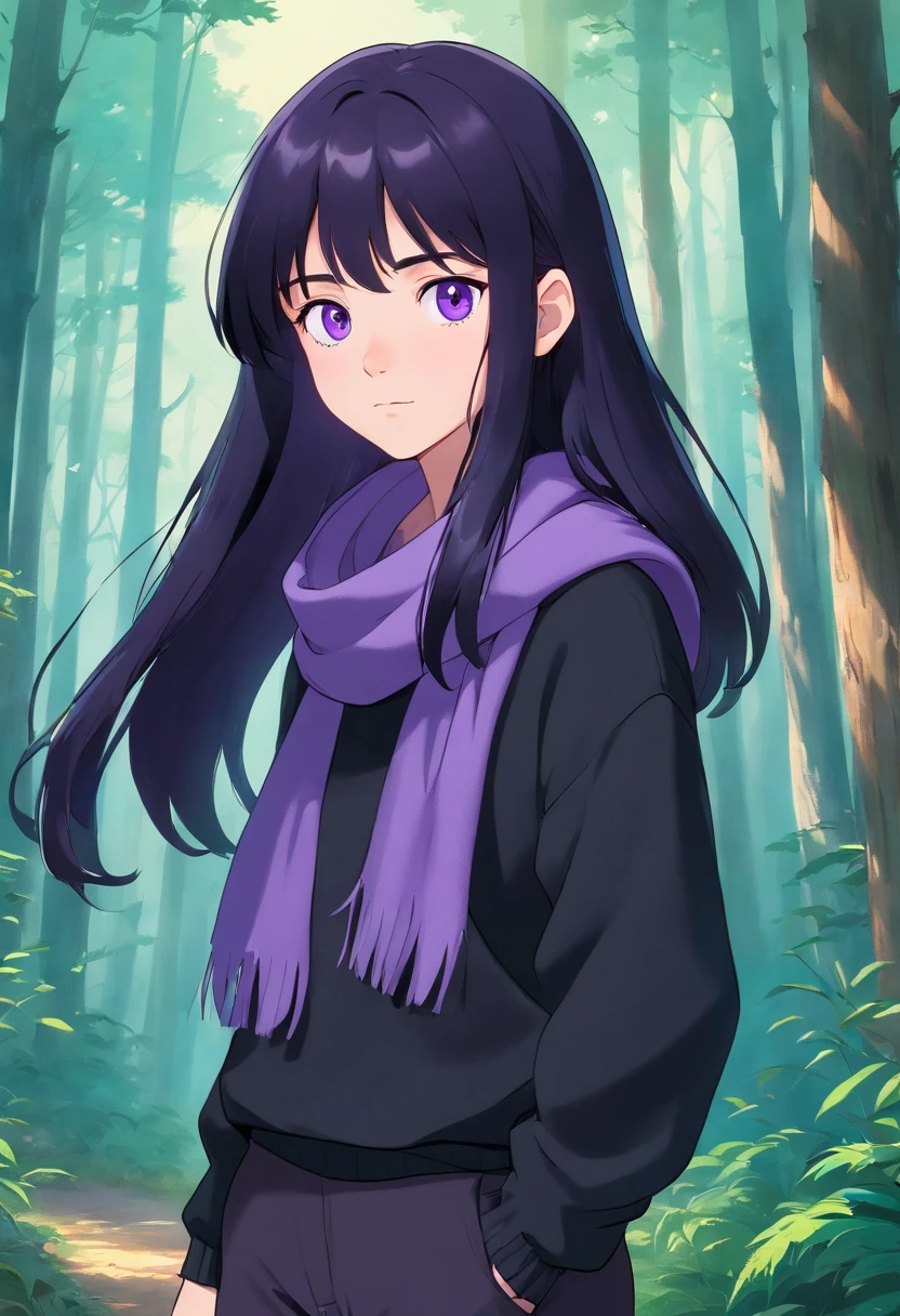 15 years old, black haired girl on a forest, long hair, purple eyes, purple scarf, black sweater, black pants, pale skin, minimalist, simple, pacific, ((soft light))