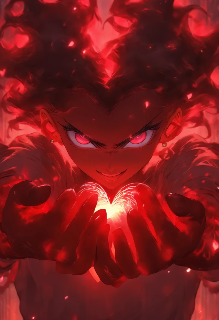 masterpiece, best quality, ultra-detailed, detailed background, detailed eyes, nice hands, perfect hands, small girl, petite, heart eyes, glowing eyes, smile, SuccubusT, demon horns, demon wings, pink clothes.(((heart hands)))