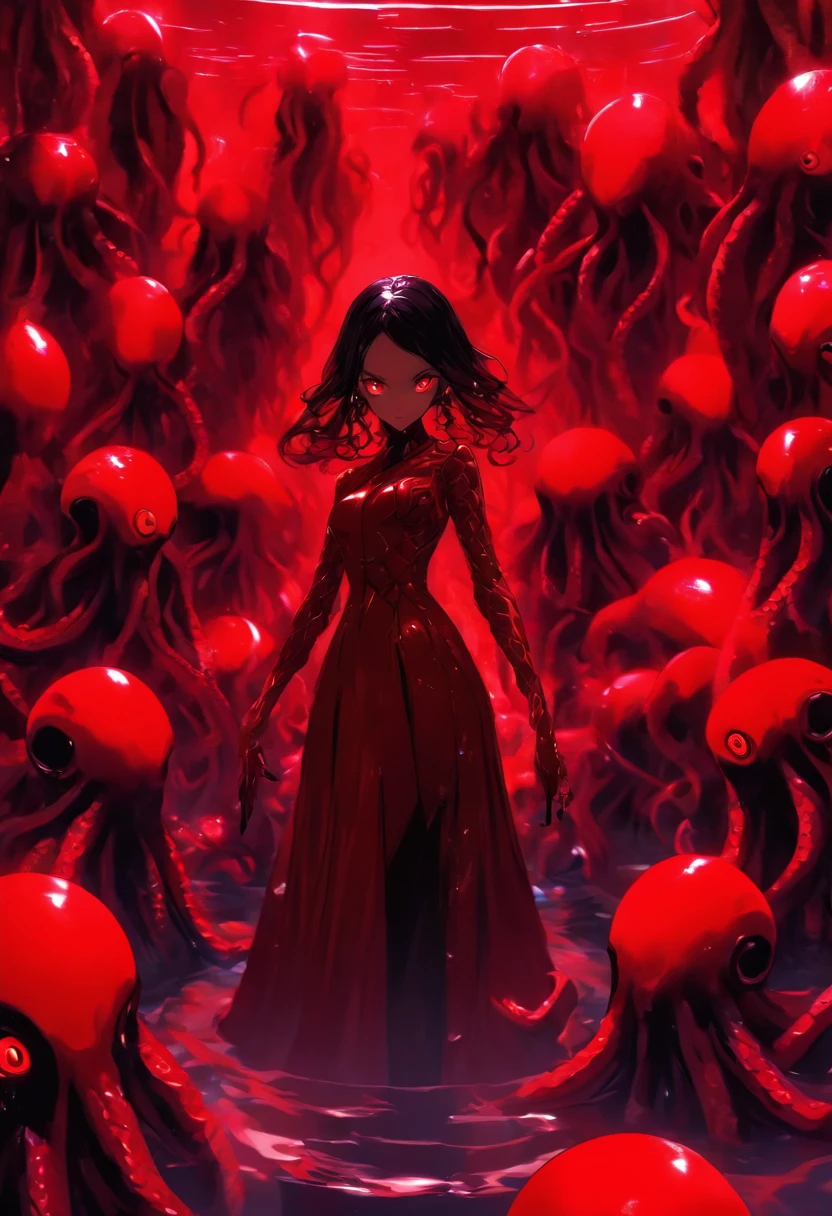 diabolical and evil aesthetic, high fashion campaign, high heels, android biomorphic catwo, low angle, long shot surrounded by scary cyborgs a giant sinister and evil Octopus, big eggs and mirrors, modern trendy design, avant garde futuristic inspired, dark dramatic horror atmosphere, lovecraftian horror, tubes and cables in the backround, she's standing in a pool of red goo, incredibly detailed, sharpen details, photorealistic