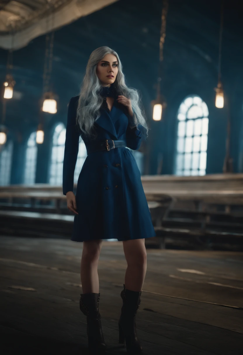 (masterpiece:1.4), (best quality:1.4), extremely detailed, intricate, hyper detailed, illustration,soft lighting, scenic, 1girl, disgust, Navy blue hair, colorful, colorized, from_above ,vampire_costume , runway,