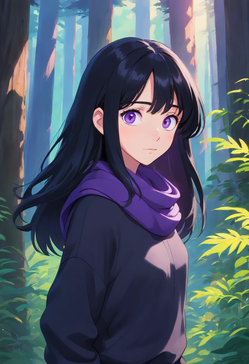 15 years old, black haired girl on a forest, long hair, purple eyes, purple scarf, black sweater, black pants, pale skin, minimalist, simple, pacific, ((soft light)), round face, big eyes