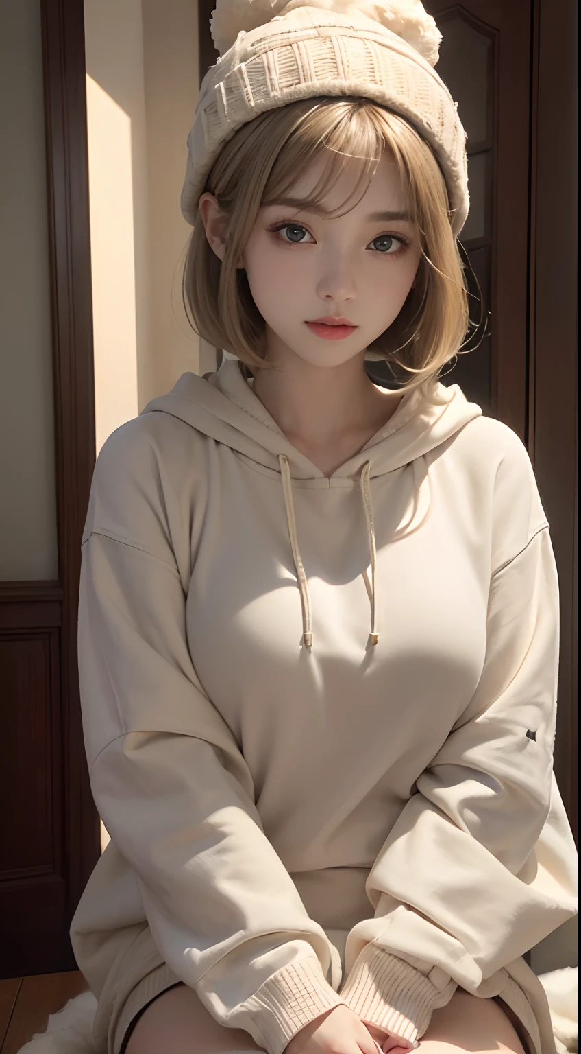 (masuter piece:1.3)、(8K、Photorealsitic、Raw photography、top-quality: 1.4)、(1girl in)、beautiful countenance、(Lifelike face)、(Light Beige Mixed Hair、short-hair:1.3)、(Busty Boobs)、 (Klob Top Hoodie:1.3)、(Very short miniskirt:1.3)、Beanie、Wearing a knitted cute pom-pom hat、(Display hats on the screen)、realisticeyes、Beautiful details、(real looking skin)、Beautiful skins、absurderes、enticing、超A high resolution、A hyper-realistic、high-detail、the golden ratio