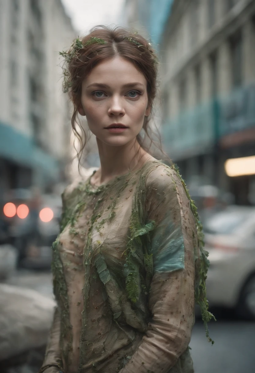 Aliens that look like humans stand all over, See a city from above, Cinematic lighting, (By (Daniel Mernagh) (Carne Griffiths) Monika Nowak), Highly detailed, Detailed, software, Alien face