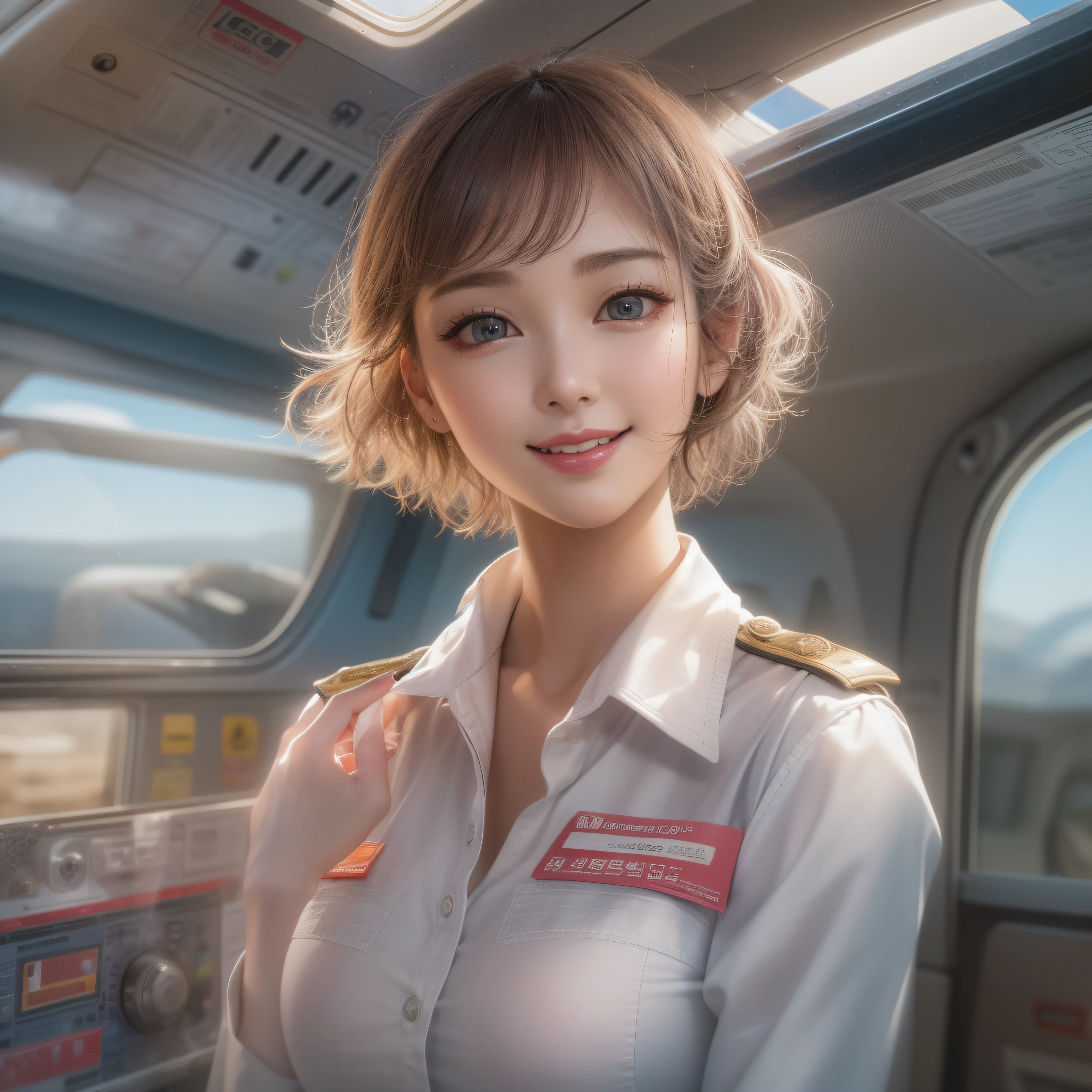 Close up of a smile with the corners of the mouth raised、Stewardess、Stewardess Costume、Stewardess Cosplay、makeup、short-hair、(realisitic、hight resolution)、(1 girl in)、Do-Up Eye、Korean Girl、(Best Quality), (masutepiece), (1girl in), Solo, a beauty girl, Perfect face,,dreamlikeart、Highly detailed airbrush art((Surreal))、Volumetric lighting、(top-quality)、The ultra-detailliert、Highly detailed colorful details、(Bright lighting)、ultra-detailliert、mixing  exposure、nffsw、Her eyes are glowing pink、Her face is full of anticipation and courage、A smile appears on the pink lips of a girl。 Cockpit clearly visible at the rear。Its light is white、The swaying white color creates a beautiful scene.。Her eyes are clearly glowing pink。