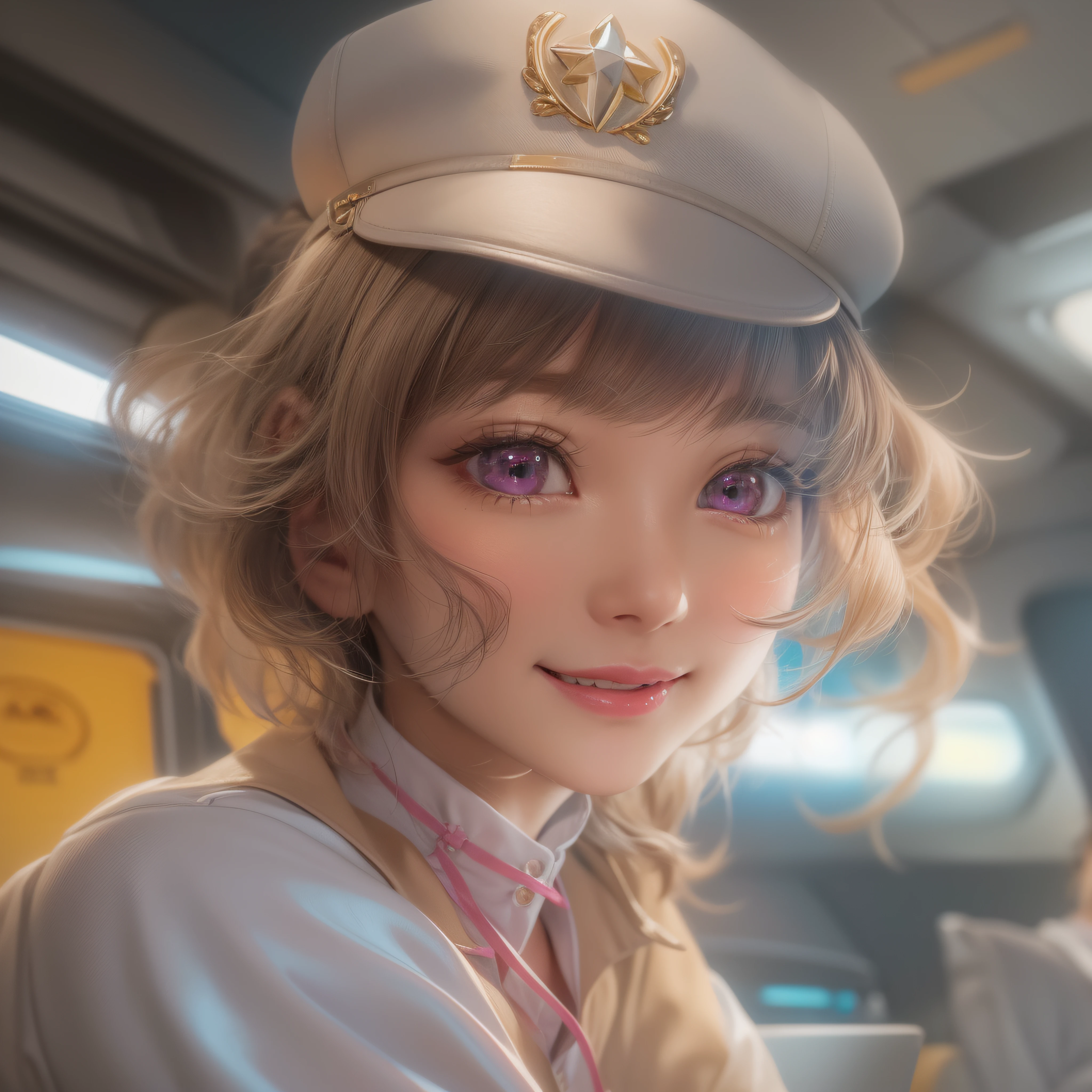 Close up of a smile with the corners of the mouth raised、Stewardess、Stewardess Costume、Stewardess Cosplay、makeup、short-hair、(realisitic、hight resolution)、(1 girl in)、Do-Up Eye、Korean Girl、(Best Quality), (masutepiece), (1girl in), Solo, a beauty girl, Perfect face,,dreamlikeart、Highly detailed airbrush art((Surreal))、Volumetric lighting、(top-quality)、The ultra-detailliert、Highly detailed colorful details、(Bright lighting)、ultra-detailliert、mixing exposure、nffsw、Her eyes are glowing pink、Her face is full of anticipation and courage、A smile appears on the pink lips of a girl。 Cockpit clearly visible at the rear。Its light is white、The swaying white color creates a beautiful scene.。Her eyes are clearly glowing pink。
