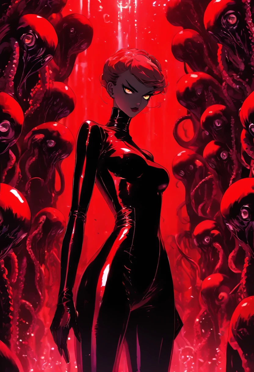 diabolical and evil aesthetic, high fashion campaign, high heels, android biomorphic catwoman, low angle, long shot surrounded by scary cyborgs a giant sinister and evil Octopus, big eggs and mirrors, modern trendy design, avant garde futuristic inspired, dark dramatic horror atmosphere, lovecraftian horror, tubes and cables in the backround, she's standing in a pool of red goo, incredibly detailed, sharpen details, photorealistic