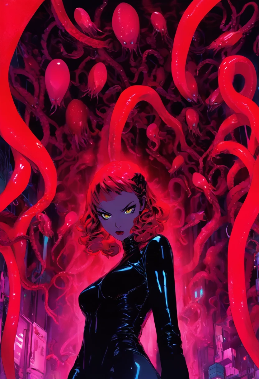 diabolical and evil aesthetic, high fashion campaign, high heels, android biomorphic catwoman, low angle, long shot surrounded by scary cyborgs a giant sinister and evil Octopus, big eggs and mirrors, modern trendy design, avant garde futuristic inspired, dark dramatic horror atmosphere, lovecraftian horror, tubes and cables in the backround, she's standing in a pool of red goo, incredibly detailed, sharpen details, photorealistic