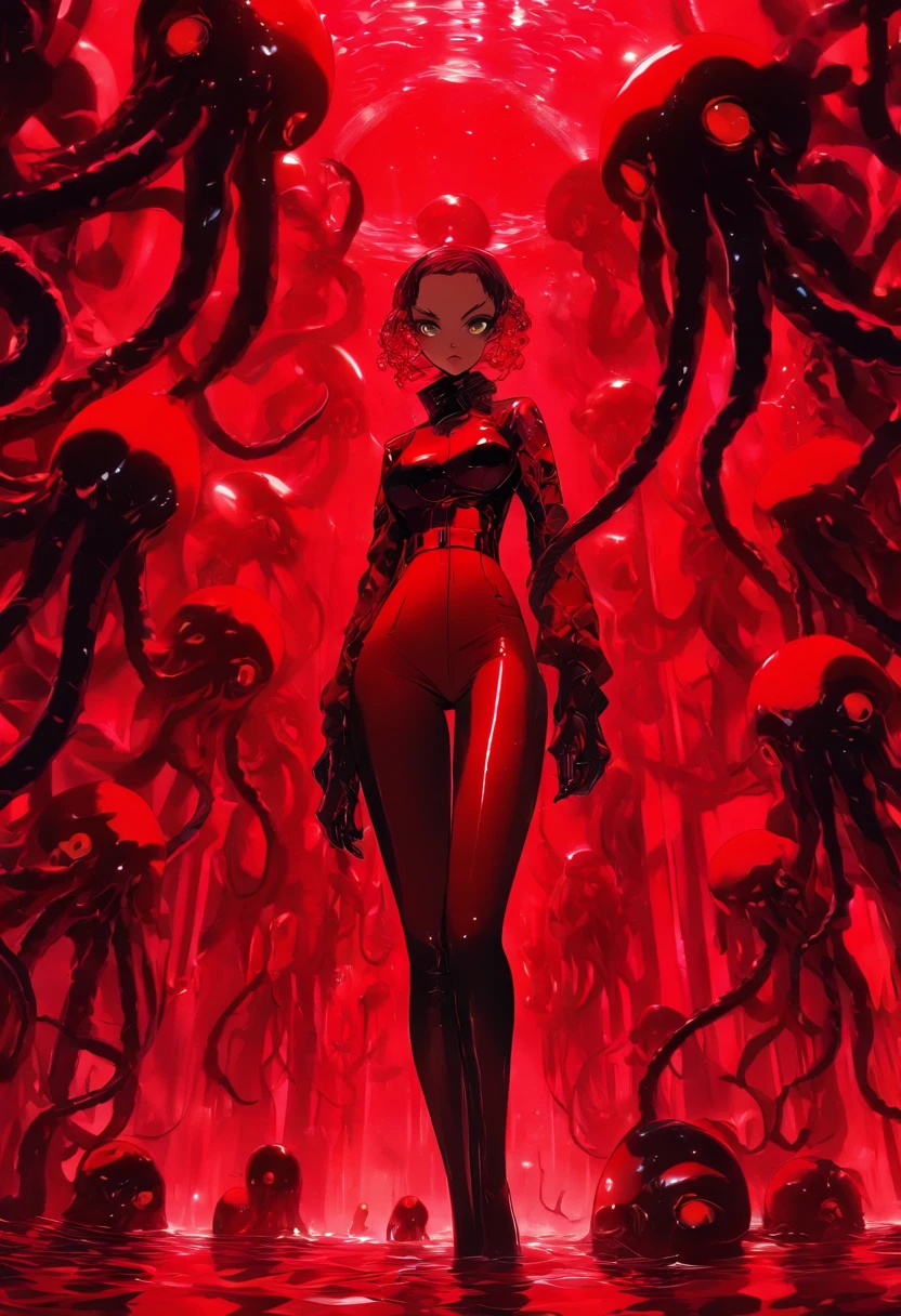 diabolical and evil aesthetic, high fashion campaign, high heels, android biomorphic catwoman, low angle, long shot surrounded by scary cyborgs a giant sinister and evil Octopus, big eggs and mirrors, modern trendy design, avant garde futuristic inspired, dark dramatic horror atmosphere, lovecraftian horror, tubes and cables in the backround, she's standing in a pool of red goo, incredibly detailed, sharpen details, photorealistic