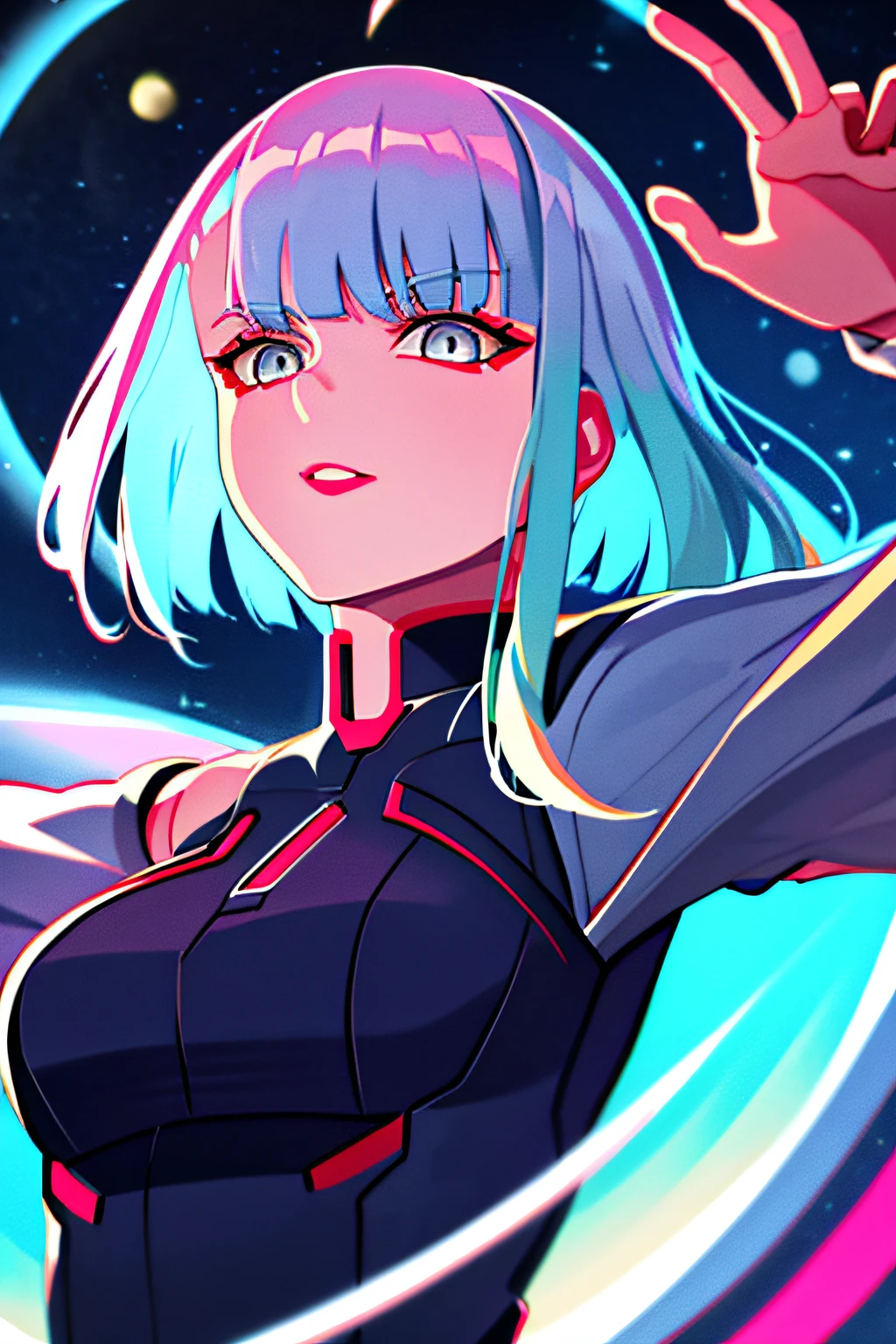 lucy \(cyberpunk\), 1girl, arm up, bangs, blue hair, colored tips, full moon, grey eyes, jacket, long sleeves, looking at viewer, medium hair, moon, multicolored hair, parted bangs, parted lips, pink hair, portrait, red eyeliner, red lips, solo, white jacket, cyberpunk \(series\), cyberpunk edgerunners