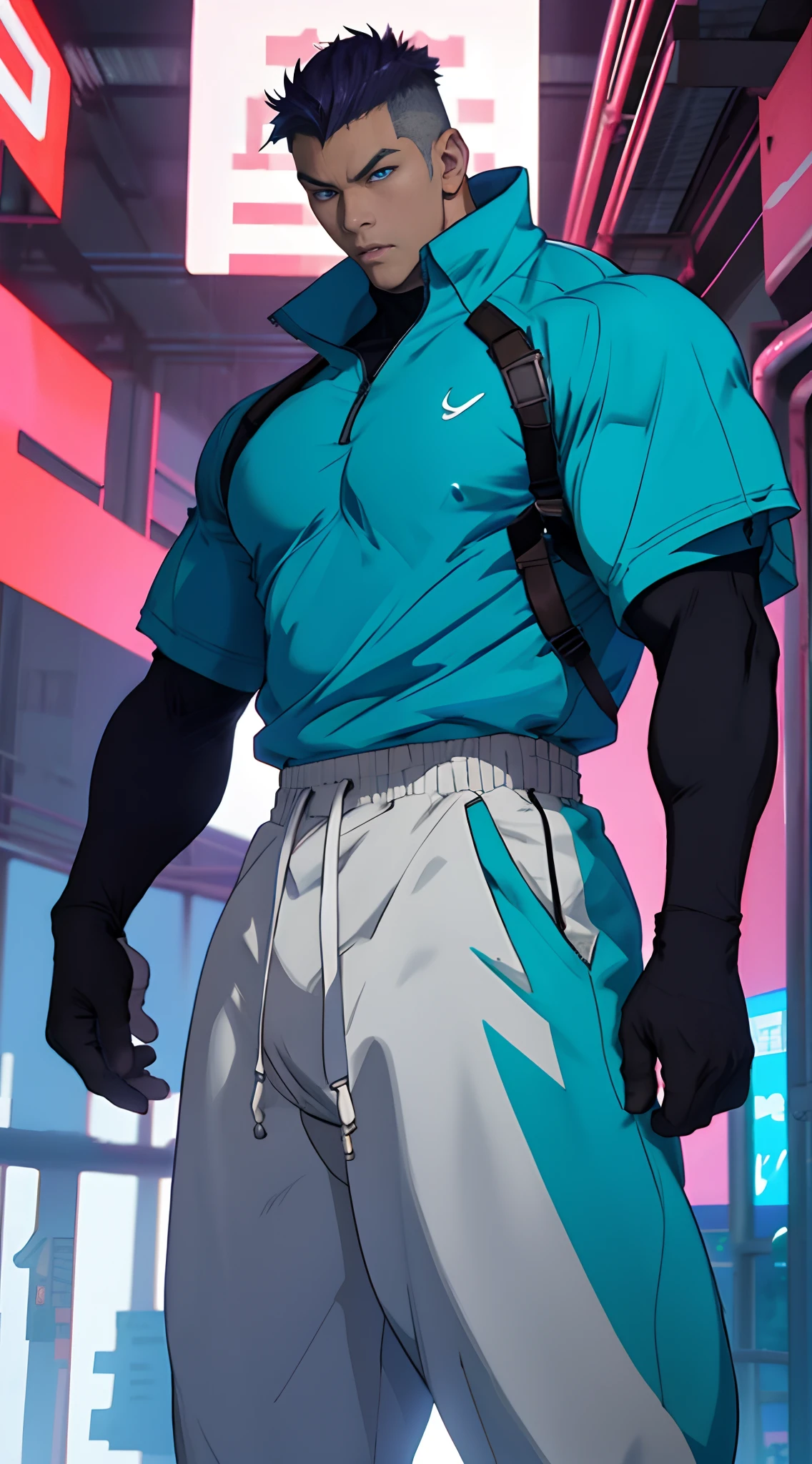 there is a man with a muscular body standing in a gym, a character portrait inspired by Yanjun Cheng, pixiv, digital art, super buff and cool, muscular character, anime handsome man, lean but muscular, handsome anime pose, muscular! cyberpunk, a muscular, ross tran style, tall anime guy with blue eyes, muscular，Best quality，A high resolution，Clear image，Detailed background