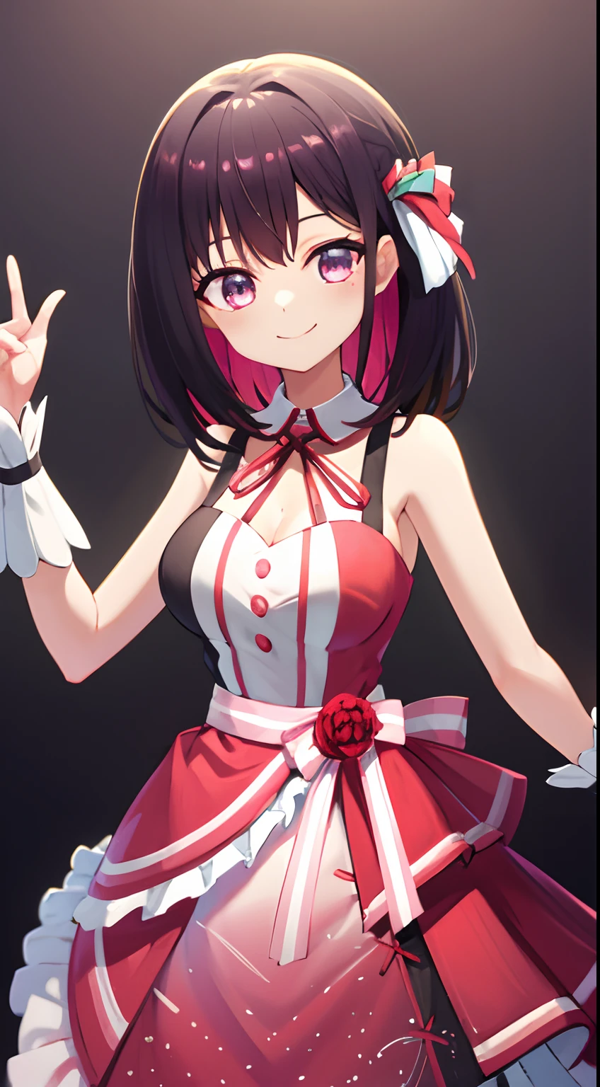 masterpeace, best quality, highres, 1girl, idol clothes, pink hair, black hair, wrist cuffs, colored inner hair, multicolored hair, sleeveless, short hair, purple eyes, ribbon, pink skirt, dress, large breasts, azki \(hololive\), cowboy shot, smile, straight-on,