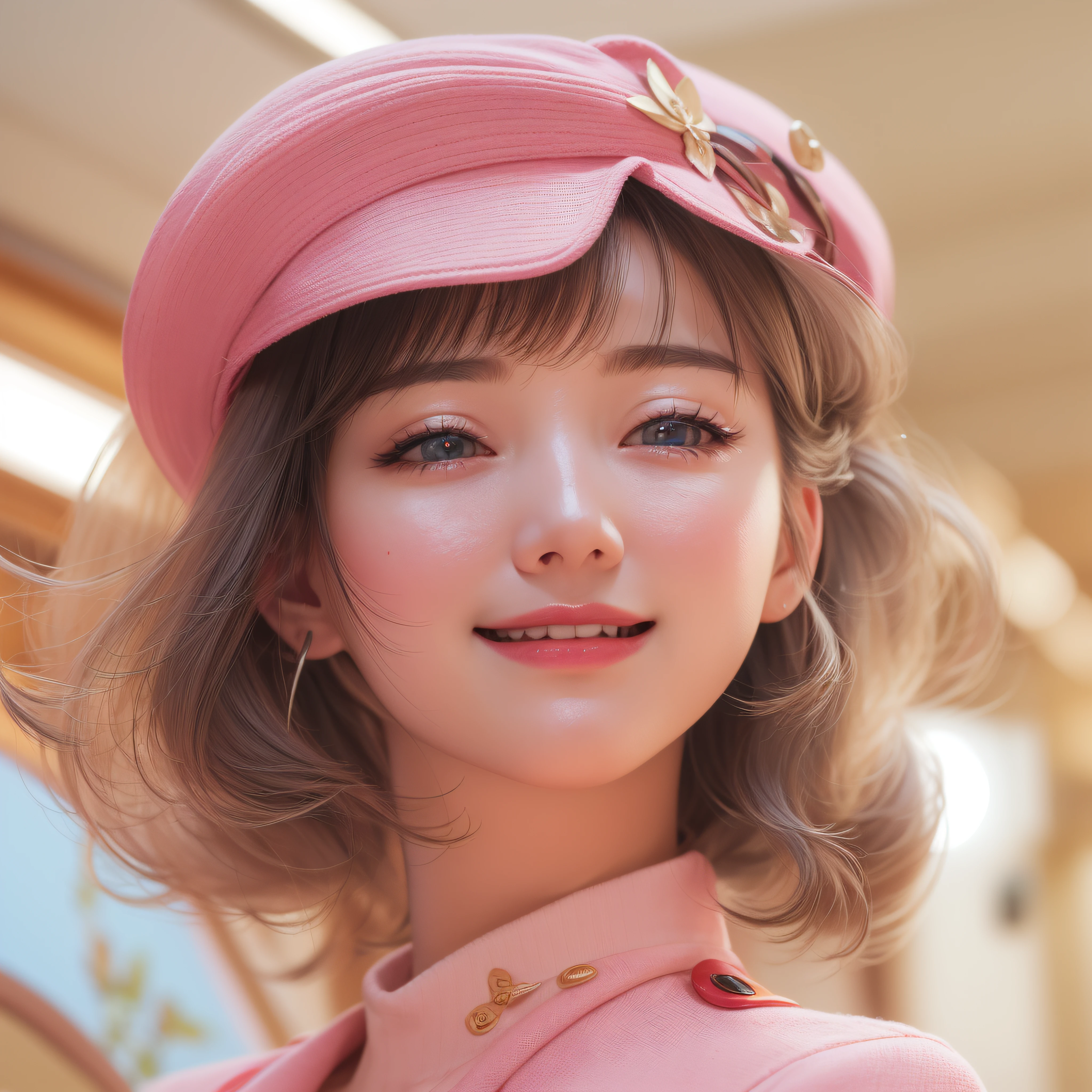 Close up of a smile with the corners of the mouth raised、Stewardess、Stewardess Costumes、Stewardess Cosplay、(realisitic、hight resolution)、(1 girl in)、Do-Up Eye、Korean Girl、(Best Quality), (masutepiece), (1girl in), Solo, a beauty girl, Perfect face,,dreamlikeart、Highly detailed airbrush art((Surreal))、Volumetric lighting、(top-quality)、The ultra-detailliert、Highly detailed colorful details、(Bright lighting)、ultra-detailliert、mixing exposure、nffsw、Her eyes are glowing pink、Her face is full of anticipation and courage、A smile appears on the pink lips of a girl。 At the rear、Pink world。Its light is pink、The swaying pink color creates a beautiful scene。Her eyes are clearly glowing pink。